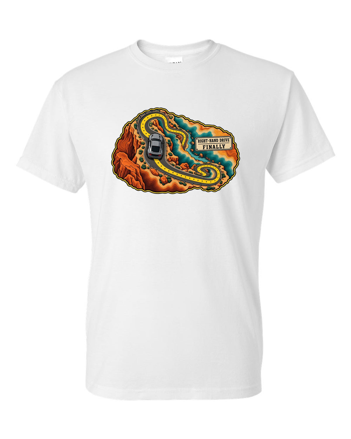 Topographic canyon route map with an S550 Ford Mustang fastback white t-shirt front view with the design