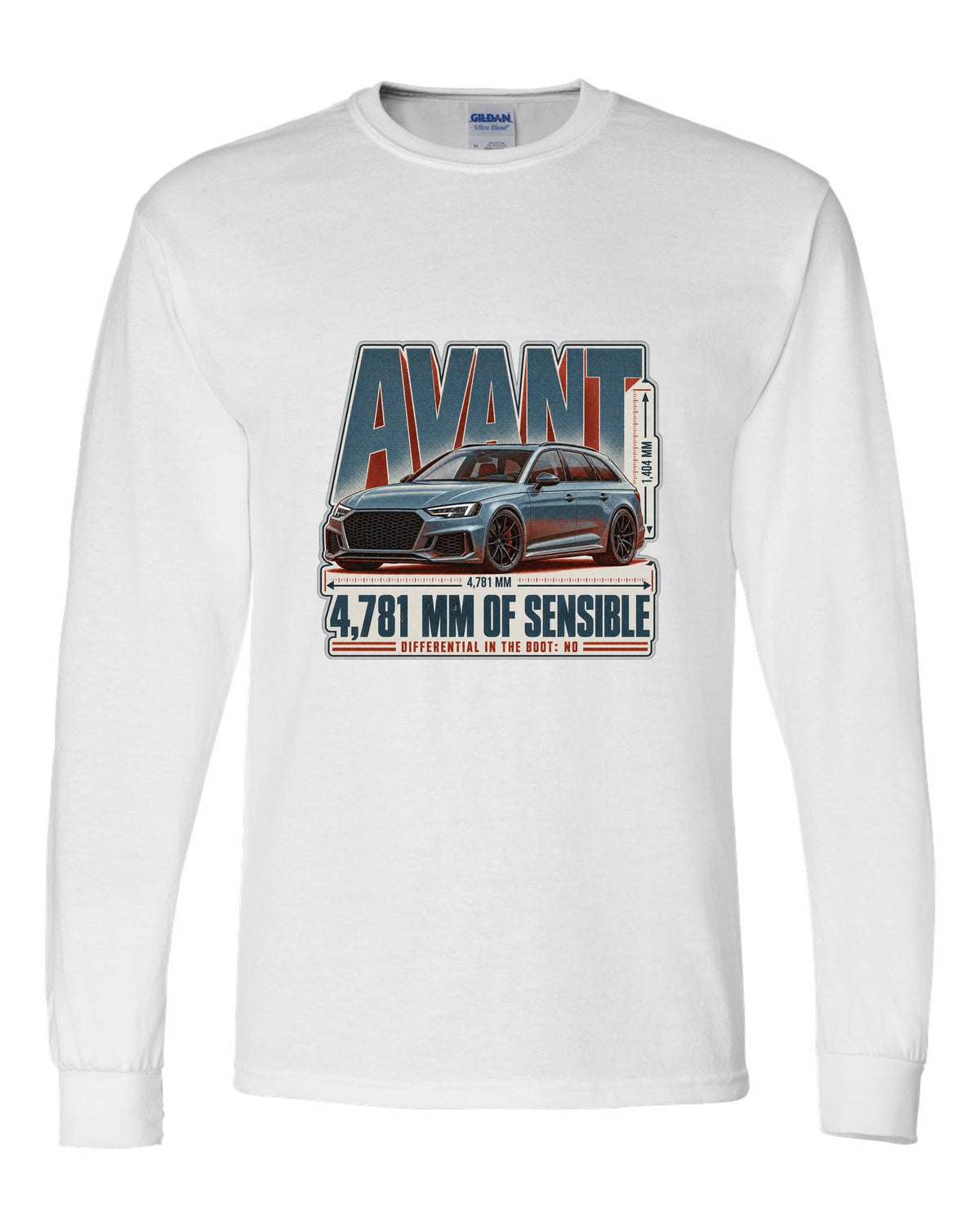 Audi RS4 Avant B9 halftone statement print with wagon text white long sleeve front view with the design