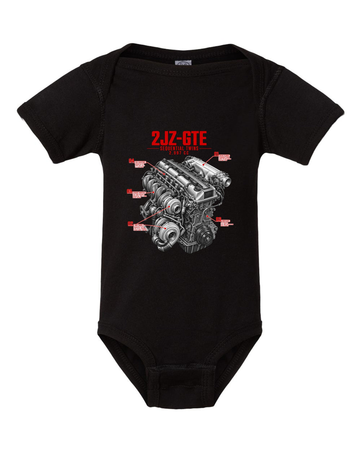 print of a Toyota Supra A80 2JZ-GTE engine with callouts for sequential twins and 2,997 cc black baby onesie front view with the design