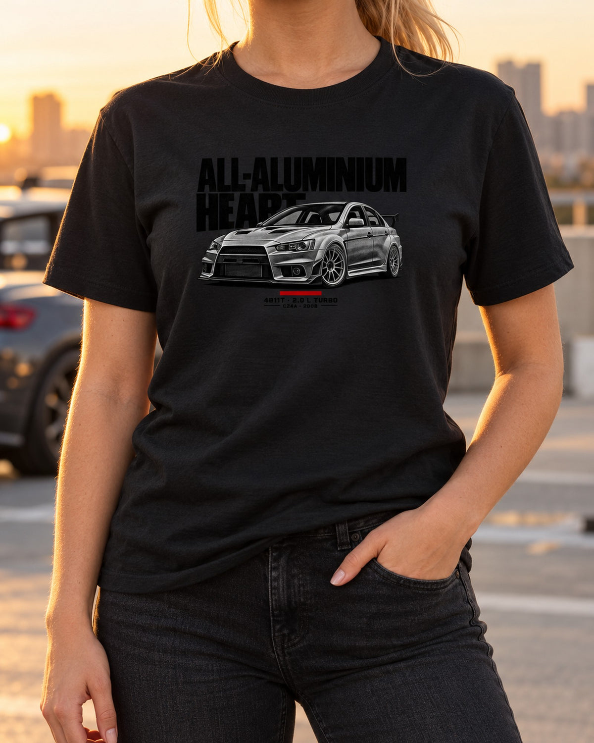 Lancer Evolution X CZ4A Halftone Tee, All-Aluminium 4B11T Heart T-Shirt Black worn hero