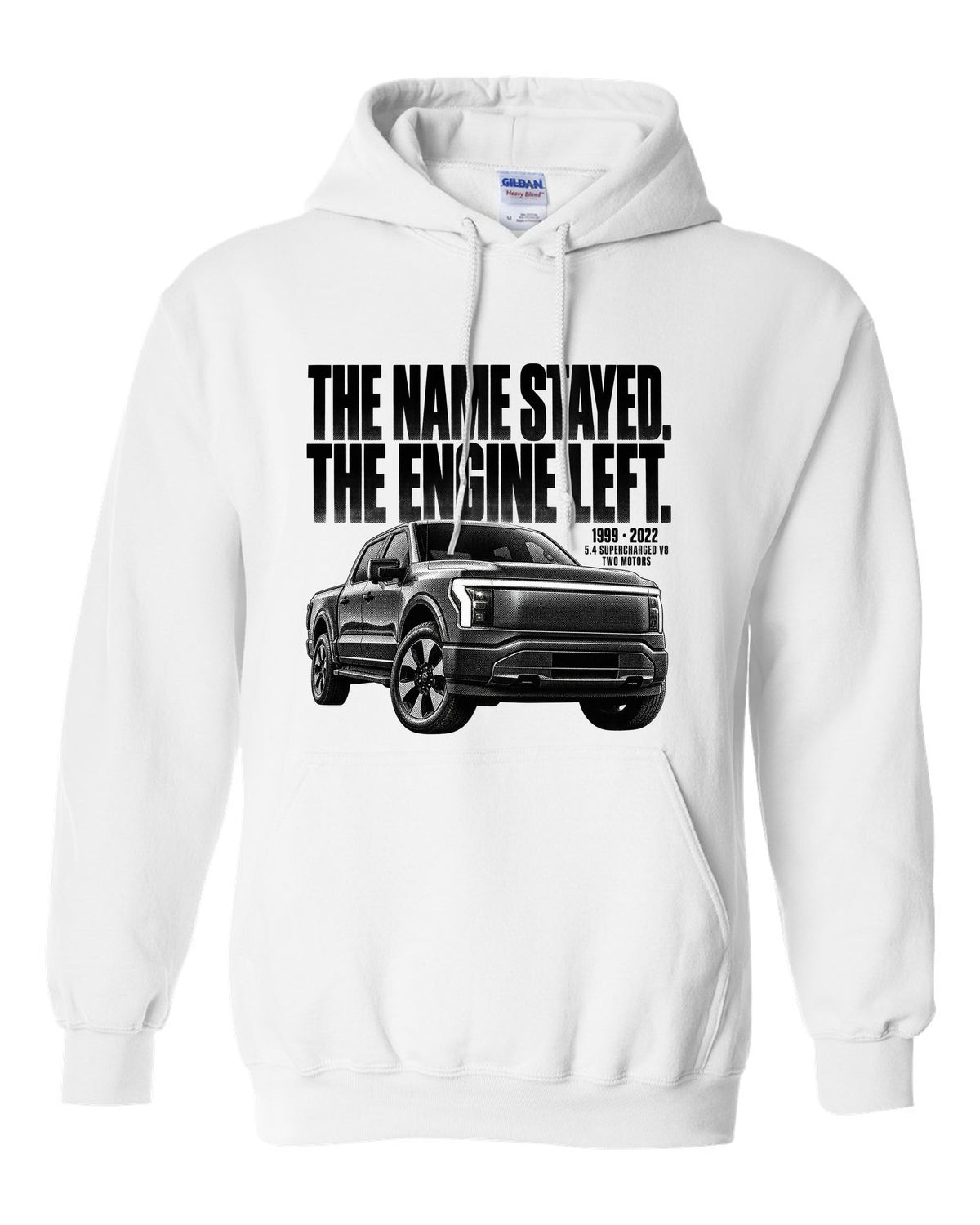 Halftone Ford F-150 Lightning 2022 front three-quarter with 1999 versus 2022 text white pull over hoodie front view with the design