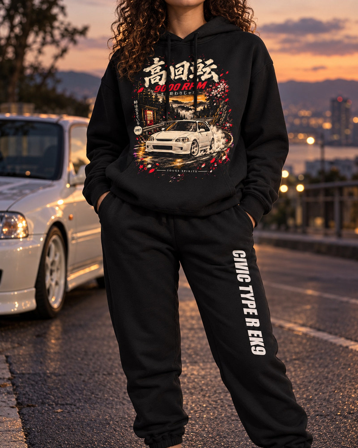 Honda Civic Type R EK9 Dream Car Hoodie + Jogger Set Black worn hero