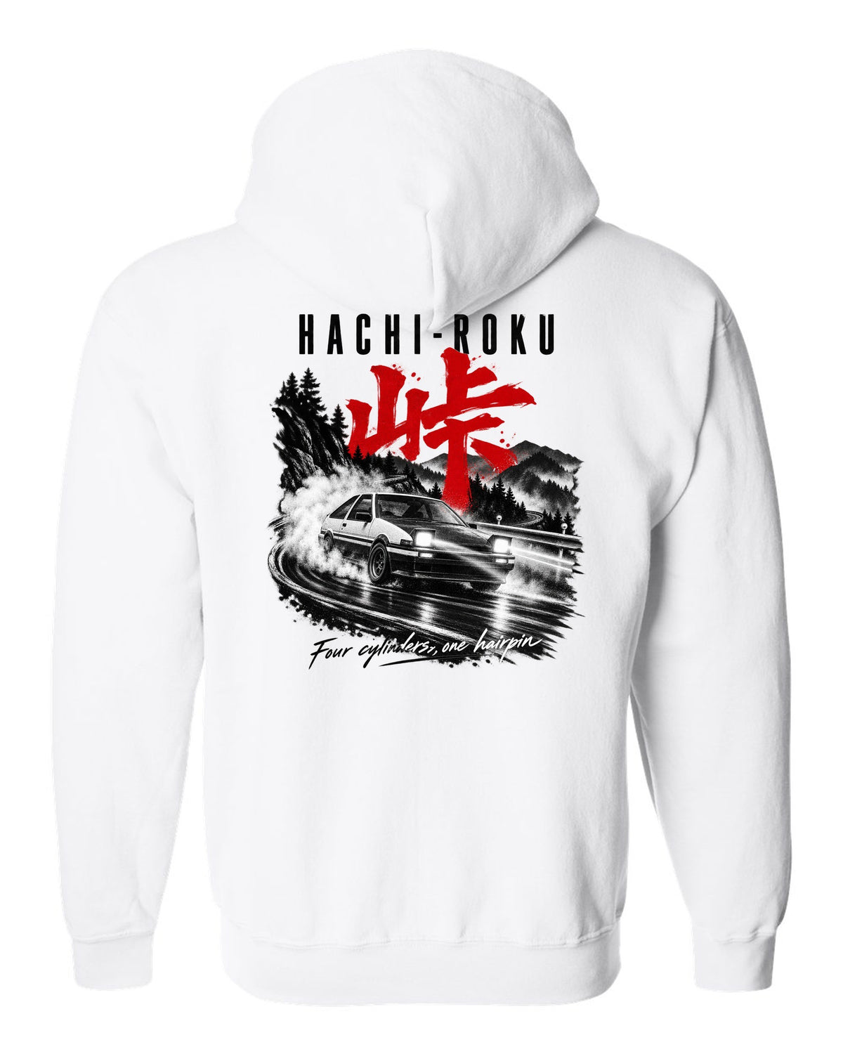 print of a Toyota AE86 Sprinter Trueno on a night touge with Hachi-Roku lettering and a hairpin bend white zip hoodie back view with the design