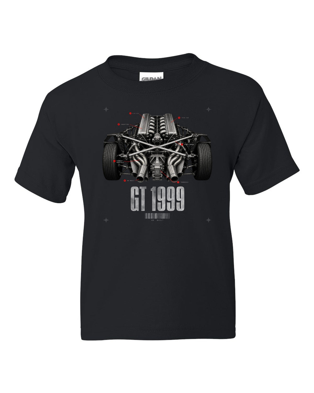Engine hero print of a Lamborghini Diablo GT 6.0 V12 with 80 built text black kids tee front view with the design