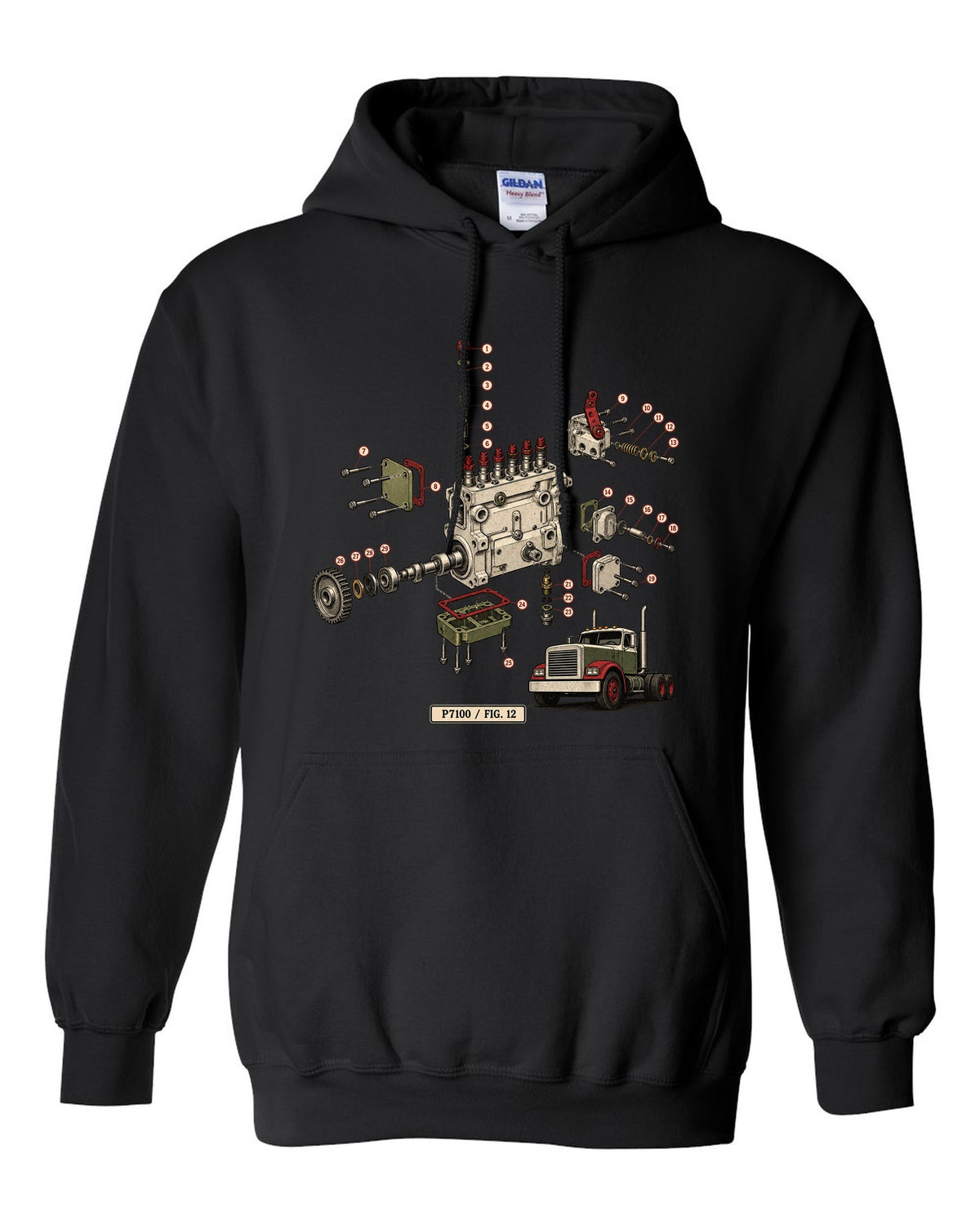 Vintage service-manual exploded diagram print of a Bosch P7100 injection pump from a 1994-1998 Ram 12V black pull over hoodie front view with the design