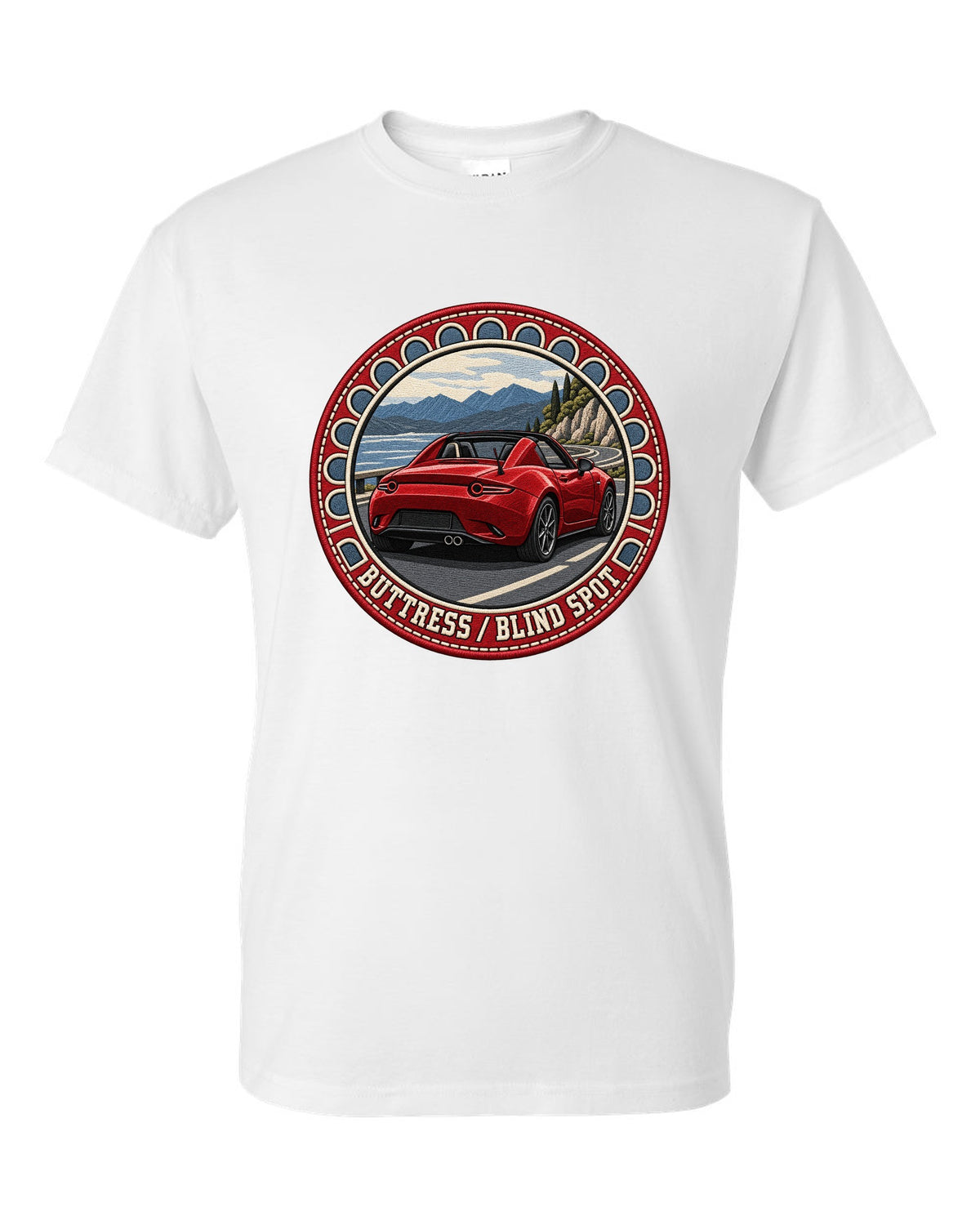 Embroidery-style roundel crest of a Mazda MX-5 ND RF fastback with blind spot text white t-shirt front view with the design
