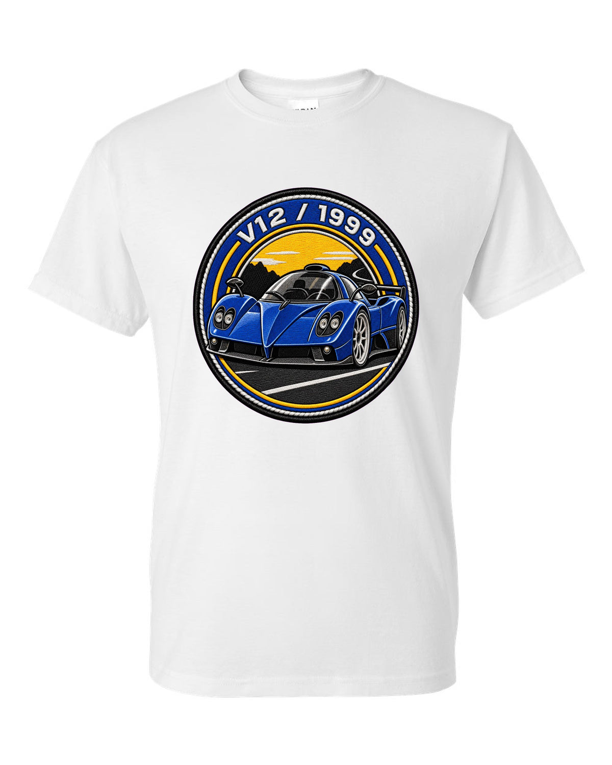 Varsity embroidery-style print for the 1999 Pagani Zonda C12 with V12 and 1999 lettering white t-shirt front view with the design