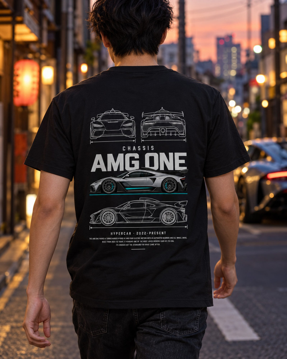 Mercedes-AMG ONE hypercar Blueprint Full-Back Graphic Tee, AMG ONE Chassis Code T-Shirt Black worn hero