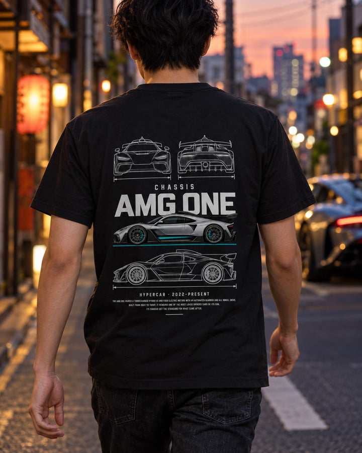 Mercedes-AMG ONE hypercar Blueprint Full-Back Graphic Tee, AMG ONE Chassis Code T-Shirt Black worn hero