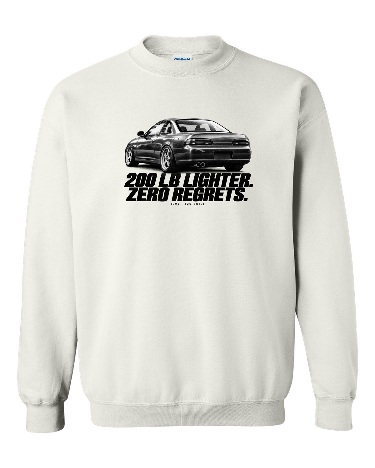 BMW E36 M3 Lightweight 1995 halftone print with 200 lb lighter and 126 built text white crewneck front view with the design