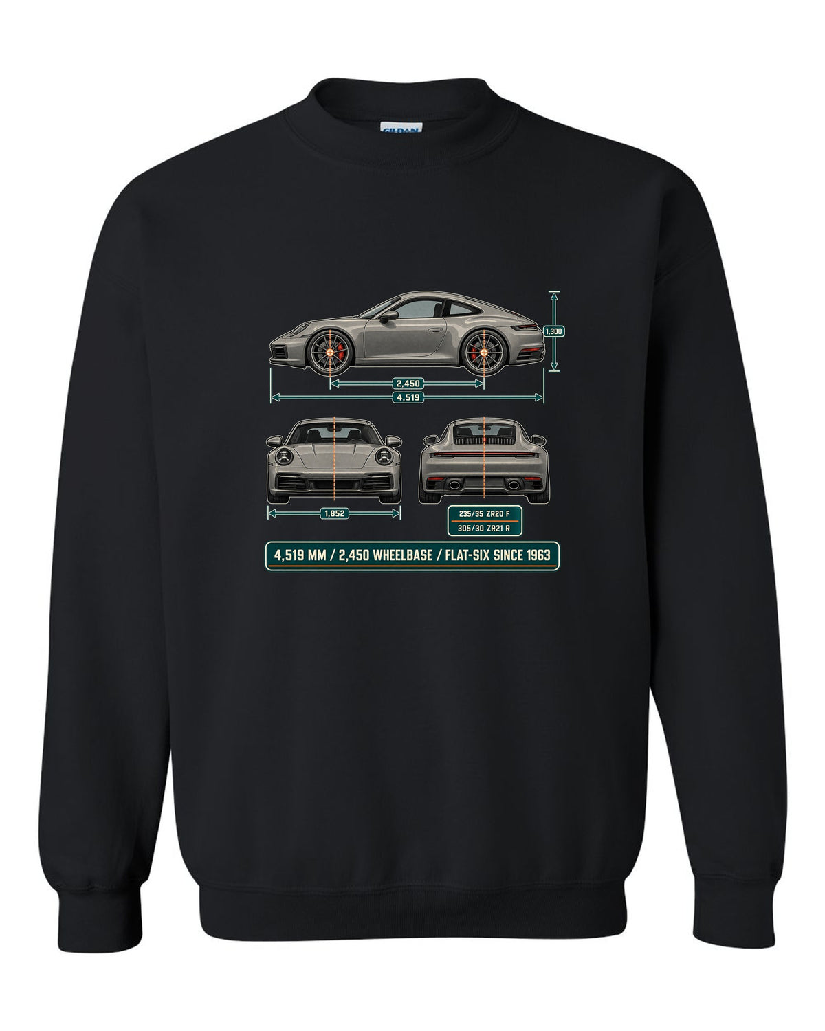 Dimension blueprint print of a Porsche 992 Carrera S with measurements black crewneck front view with the design