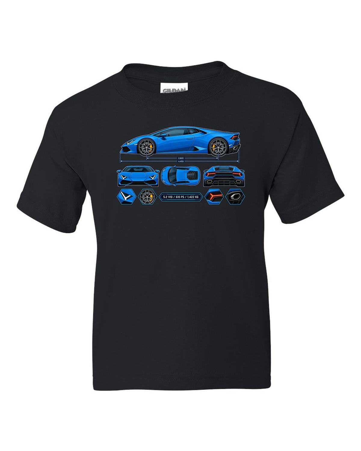 Colour technical blueprint of a Lamborghini Huracan LP610-4 with text 5.2 V10 / 610 PS / 1,422 KG black kids tee front view with the design