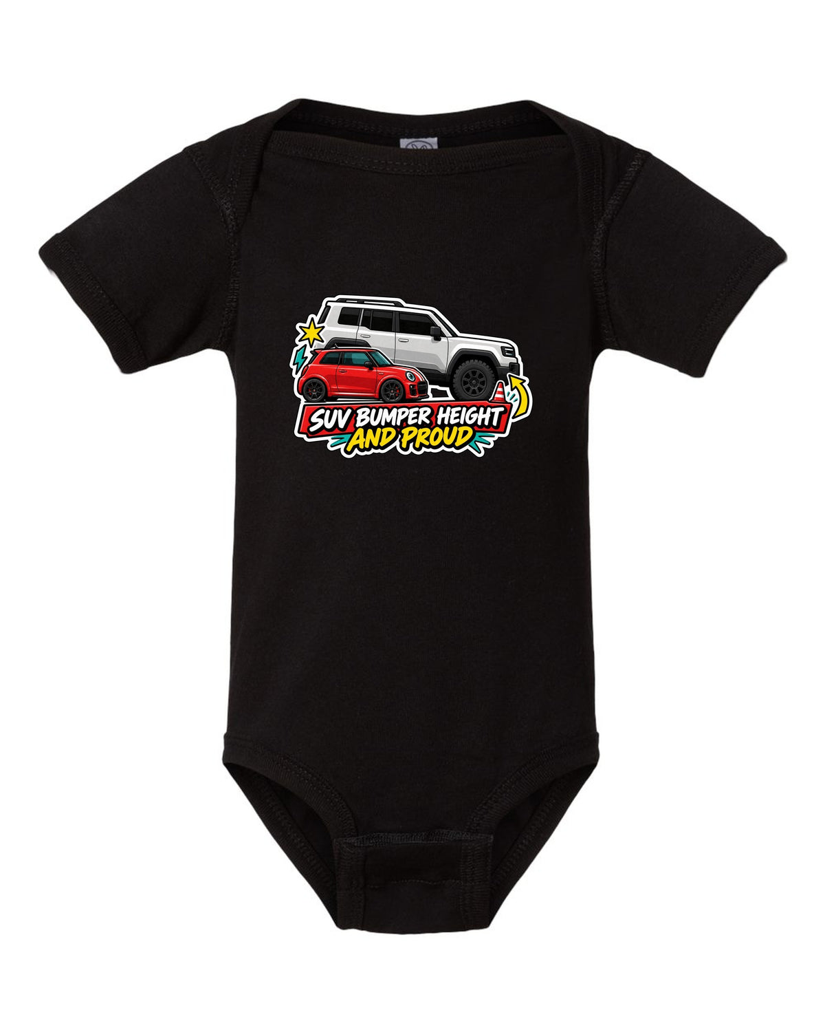 Sticker-bomb collage of a Fiat 500 Abarth with SUV bumper height joke black baby onesie front view with the design