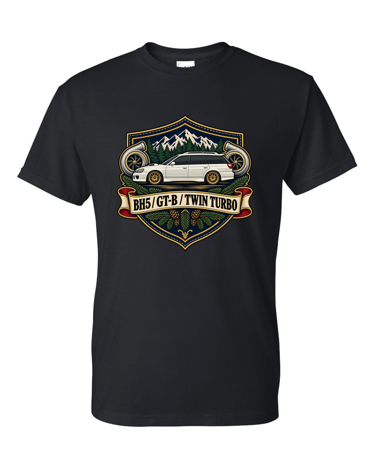 Subaru Legacy BH5 GT-B wagon shield crest print, BH5 / GT-B / TWIN TURBO black t-shirt front view with the design