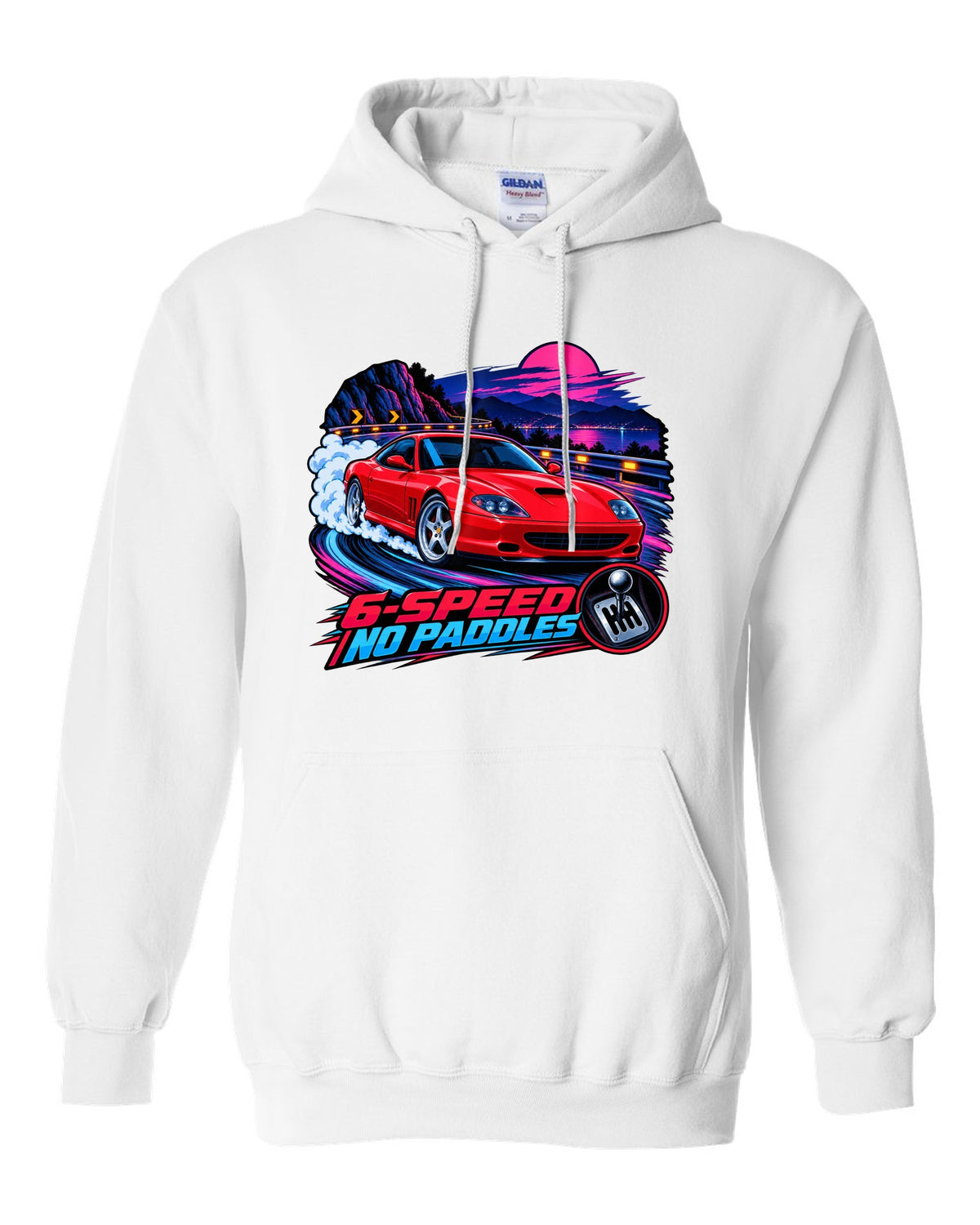 Cel-shaded anime night touge print of a Ferrari 550 Maranello with 6-Speed No Paddles lettering white pull over hoodie front view with the design