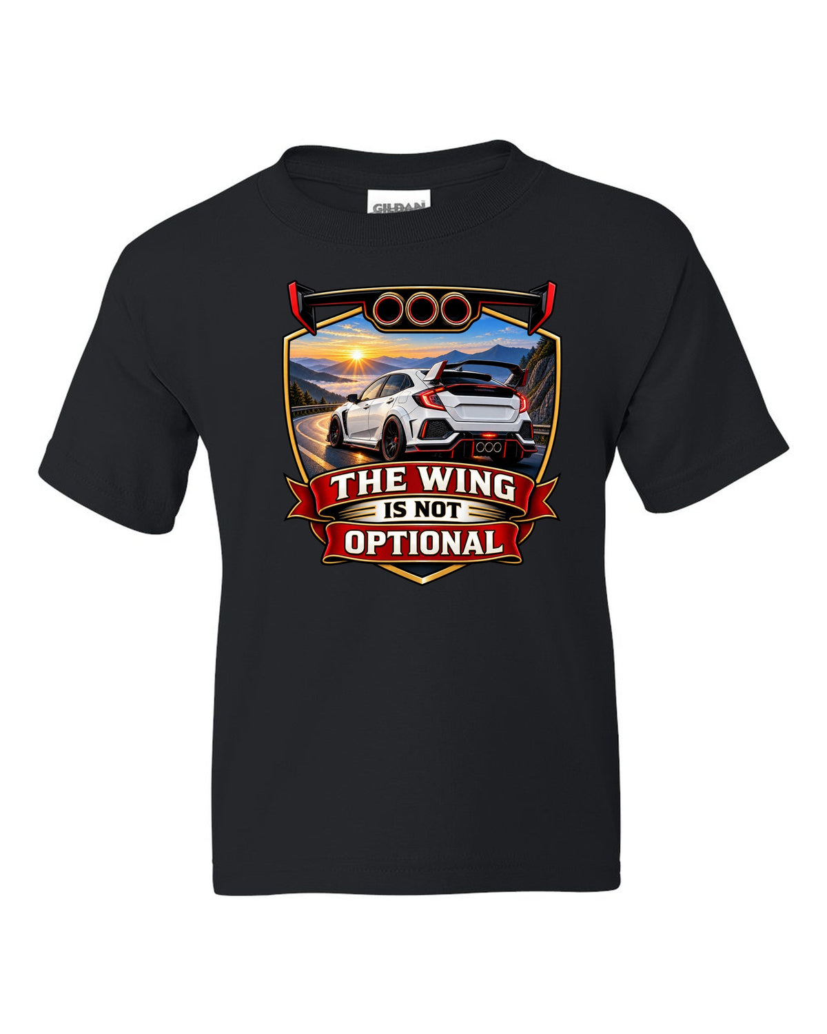 Racing shield print of a Honda Civic Type R FK8 ch with the wing is not optional text black kids tee front view with the design