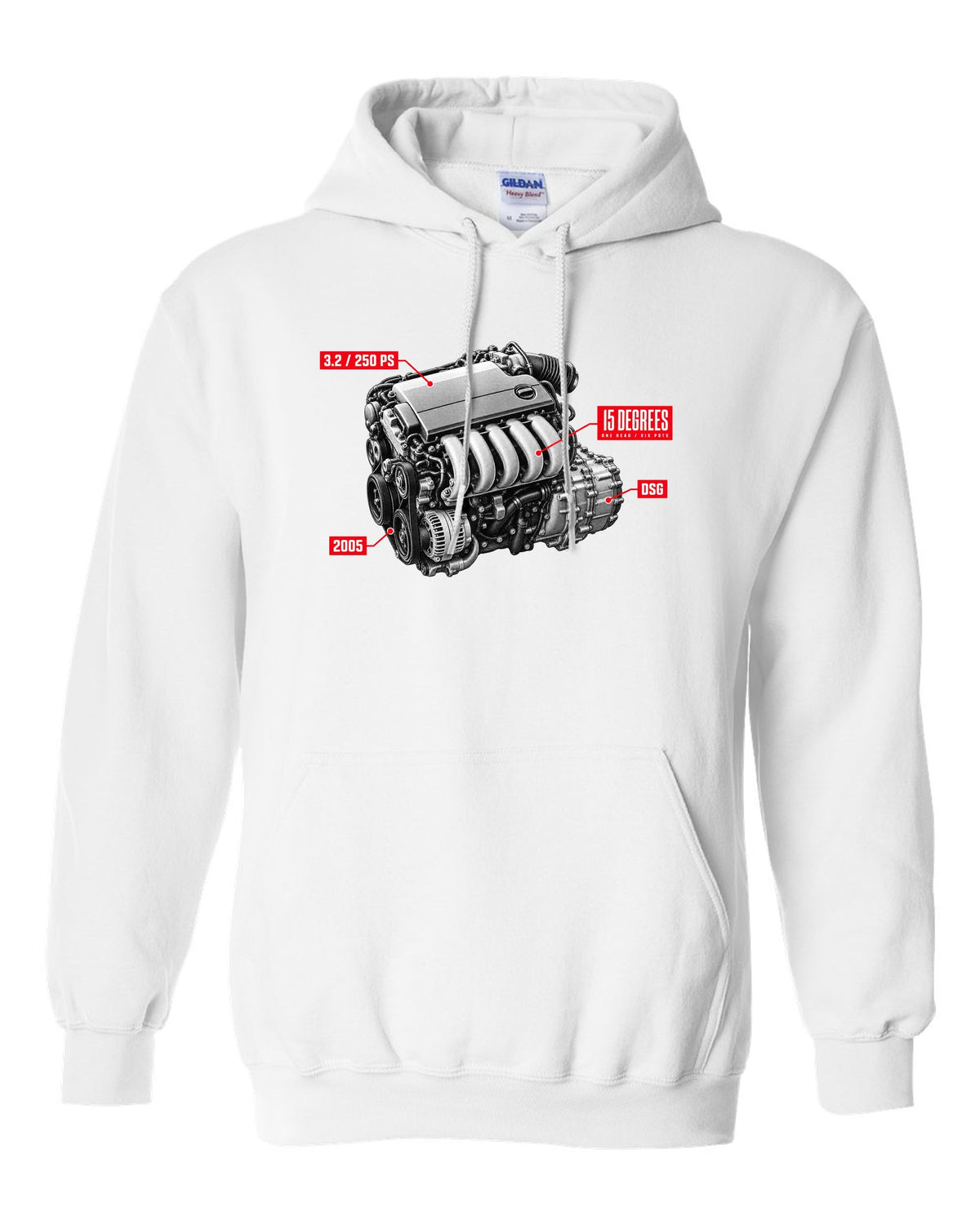 VW Golf R32 Mk5 2005 VR6 engine hero design with 15 degrees one head text white pull over hoodie front view with the design