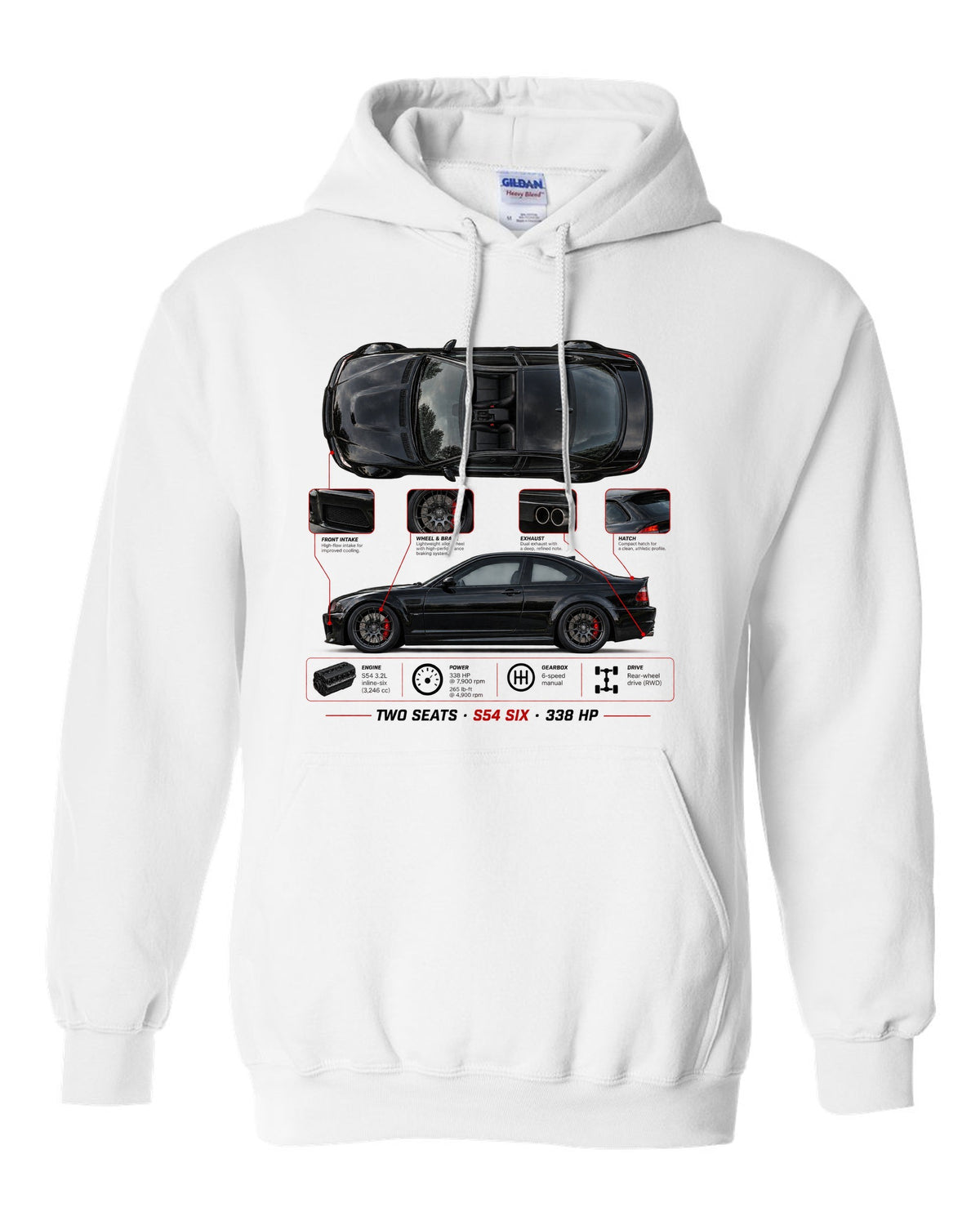 BMW Z4 M Coupe E86 spec poster print with two seats S54 six 338 hp white pull over hoodie front view with the design