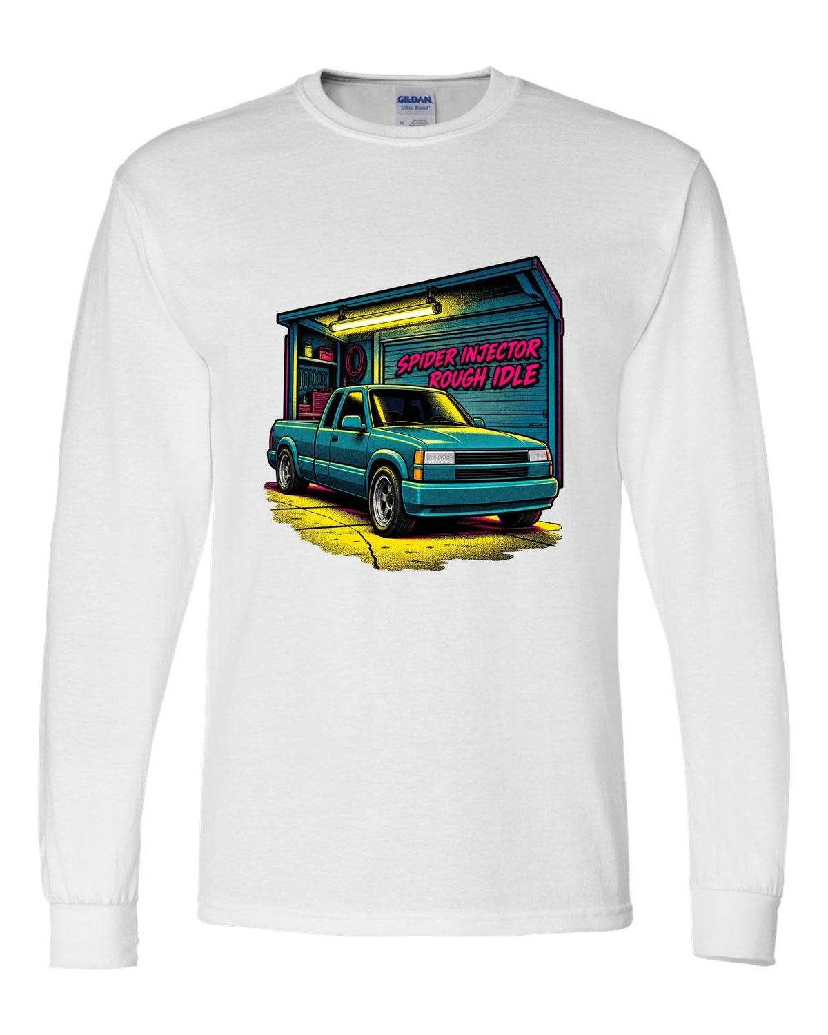 Comic halftone pop-art print of a 1988-98 Chevrolet GMT400 C1500 OBS extended cab with spider injector rough idle lettering white long sleeve front view with the design