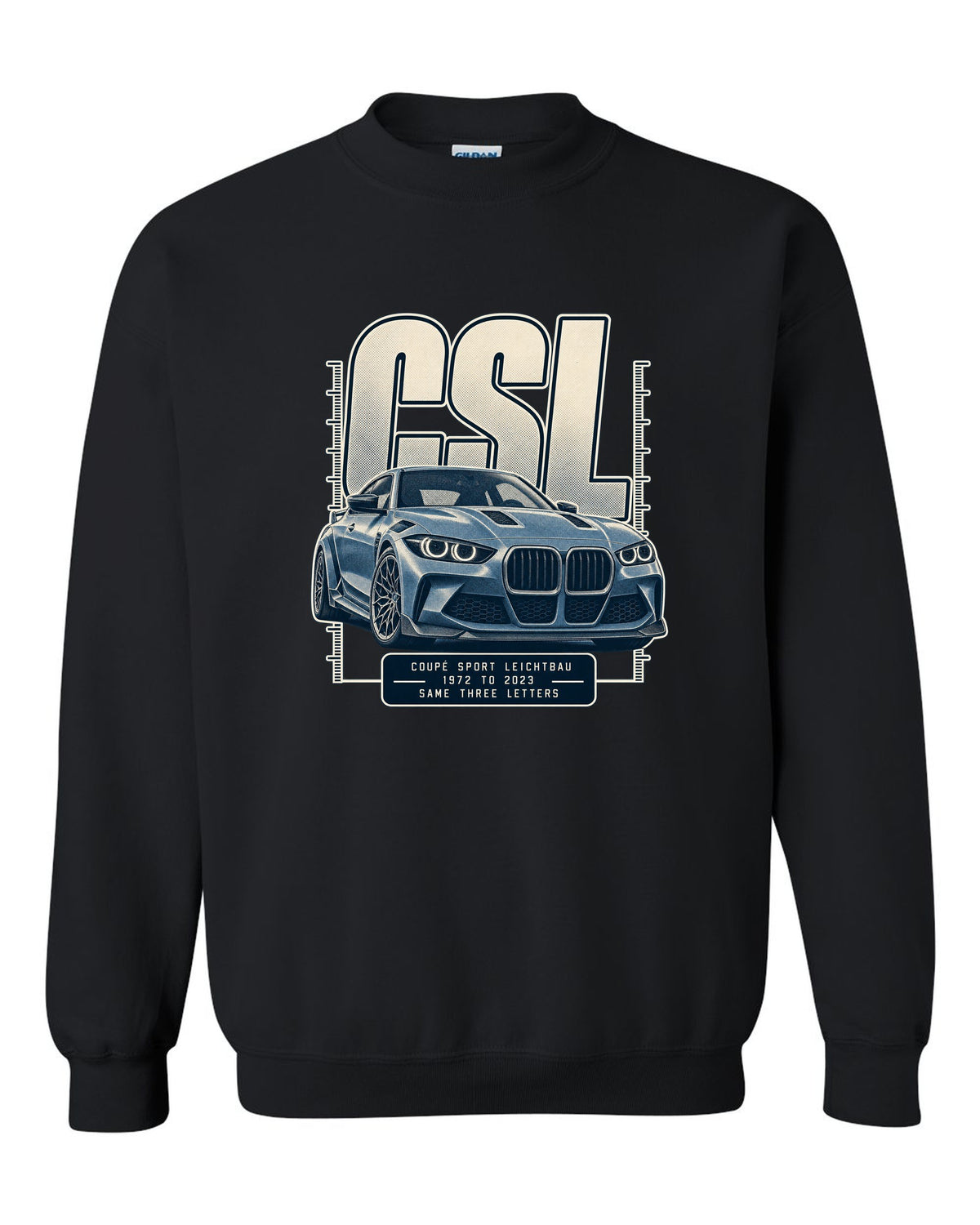 BMW CSL halftone lettering print, 1972 to 2023 black crewneck front view with the design
