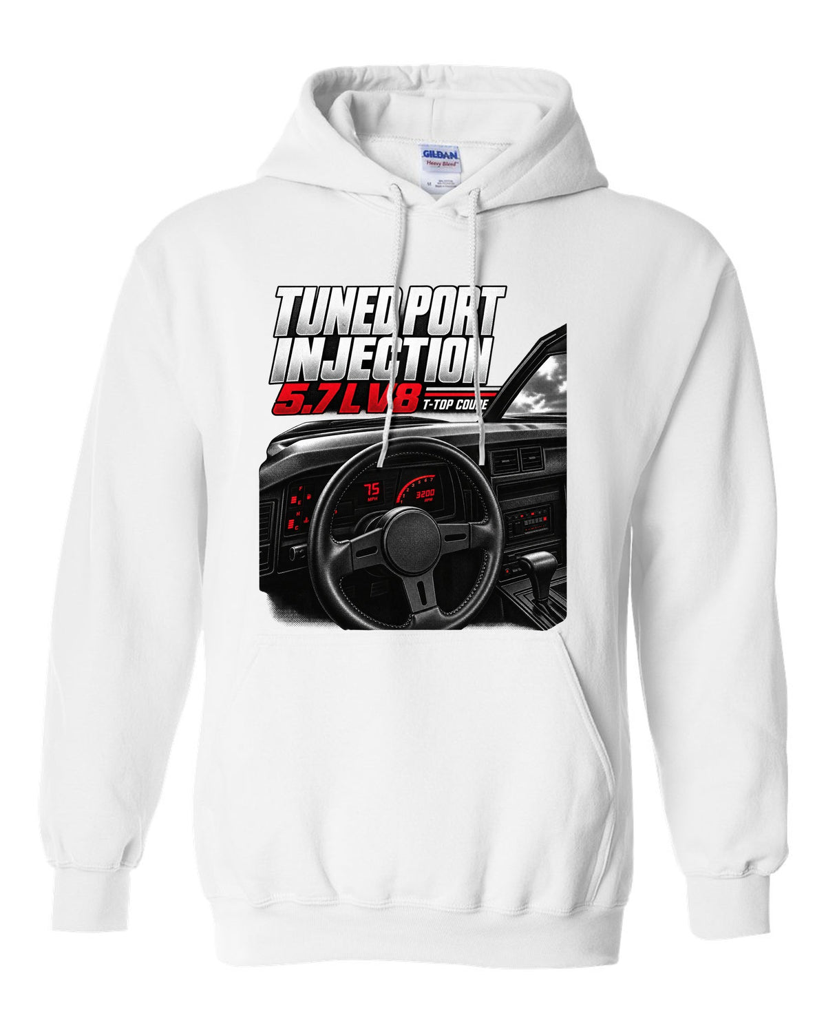 Cockpit and gauge cluster print of a 1988 Chevrolet Camaro IROC-Z with 5.7 L V8 text white pull over hoodie front view with the design