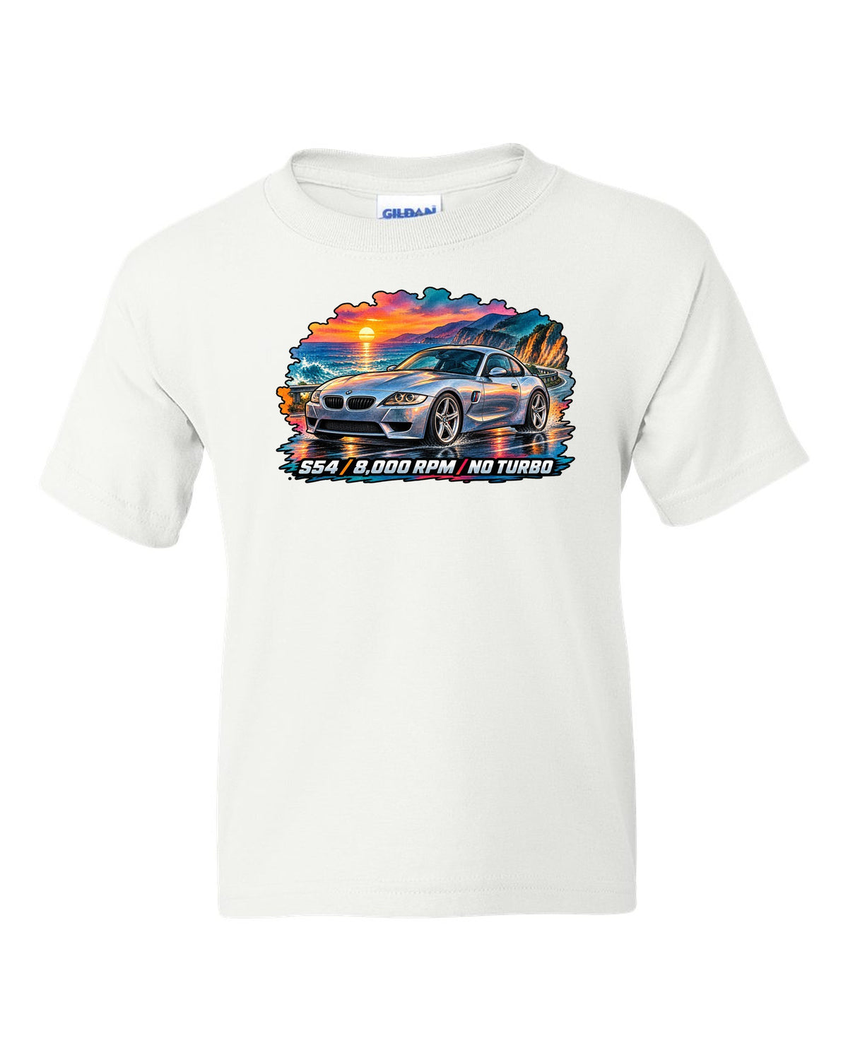 BMW Z3 M Coupe 16-bit pixel art print with Clown Shoe 3.2 text white kids tee front view with the design