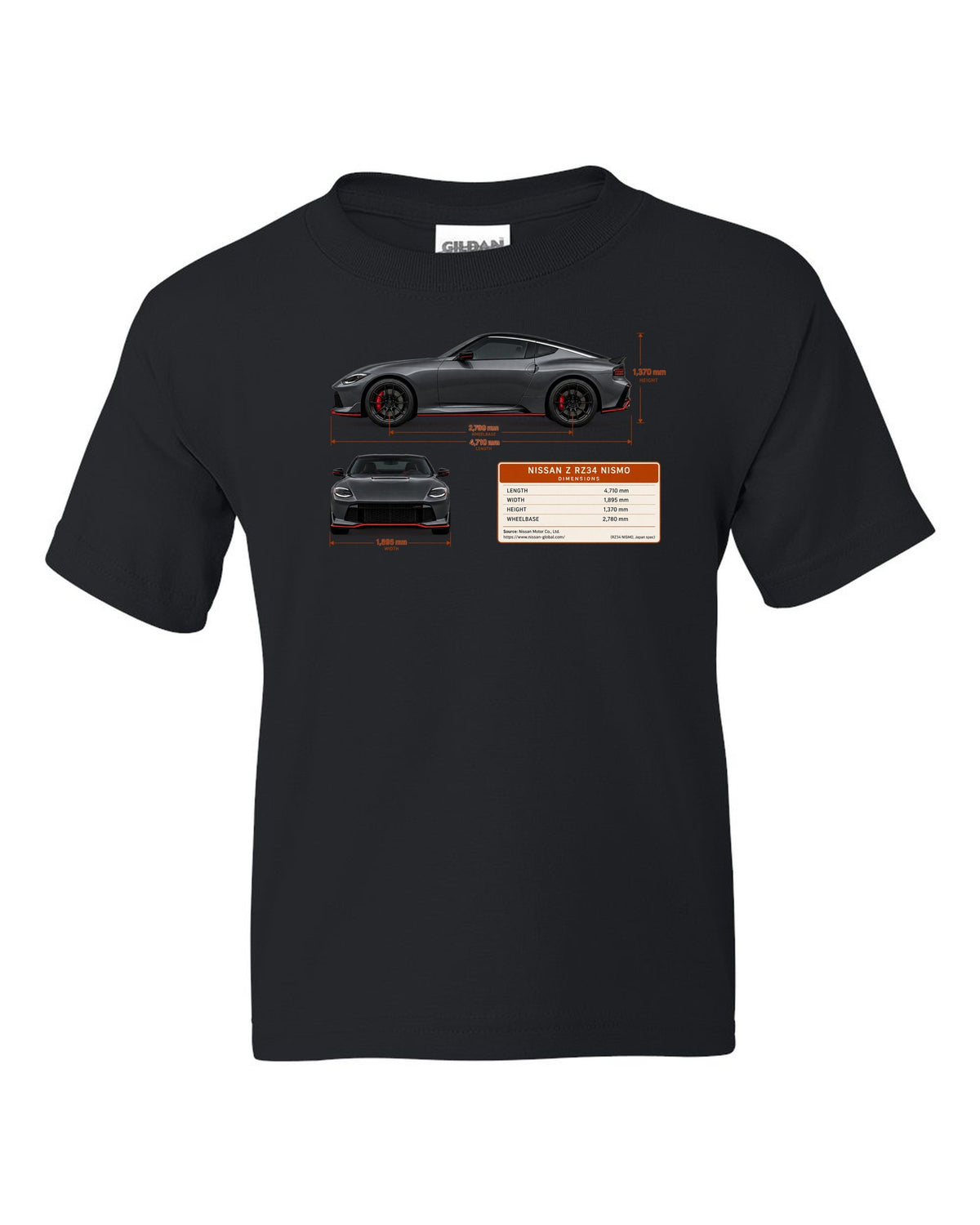 Orange 2024 Nissan Z RZ34 Sport rear view with taillight, ducktail lip and twin round tips black kids tee front view with the design