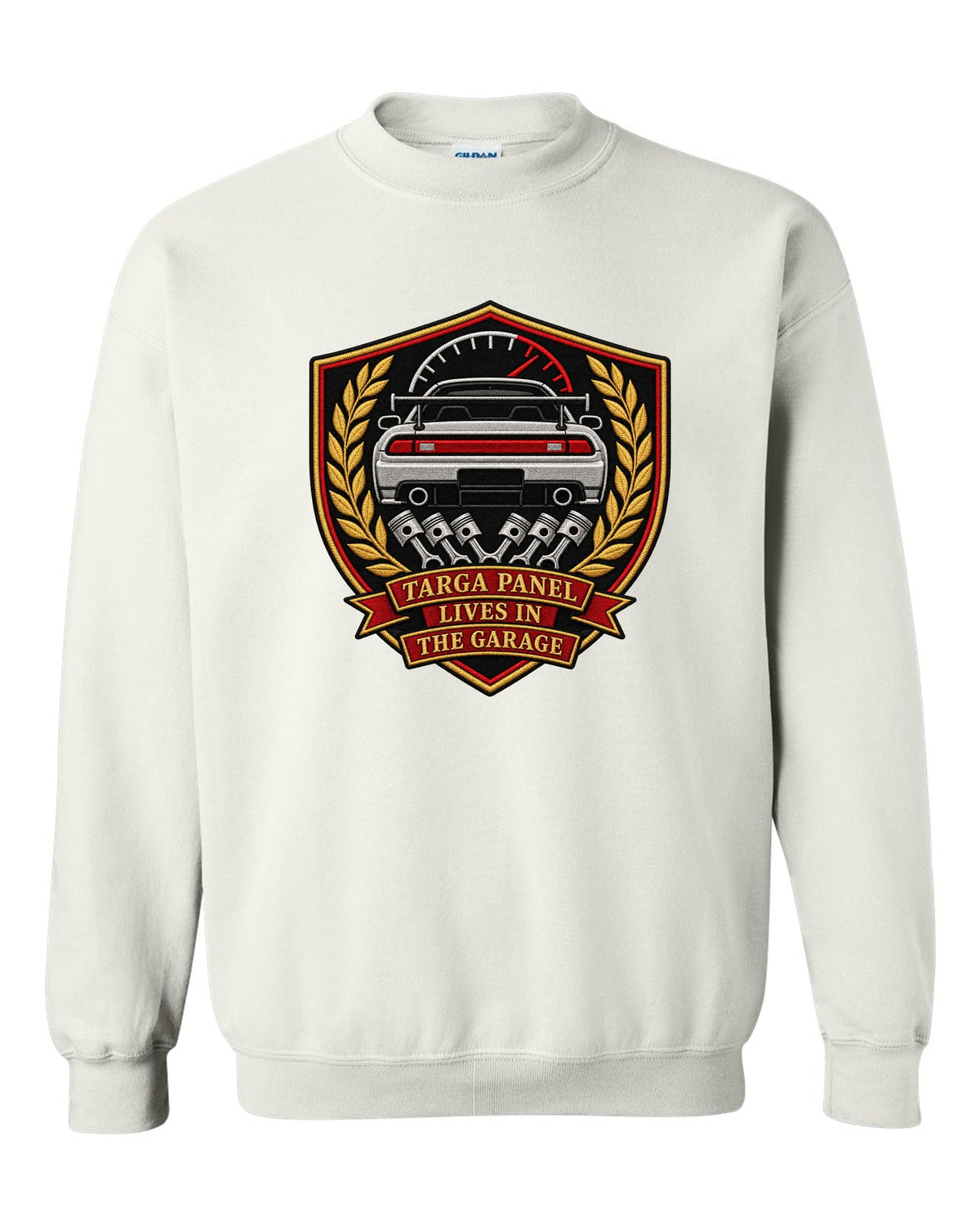 Embroidery-style shield crest print for the Toyota Supra A80 with targa panel lives in the garage lettering white crewneck front view with the design