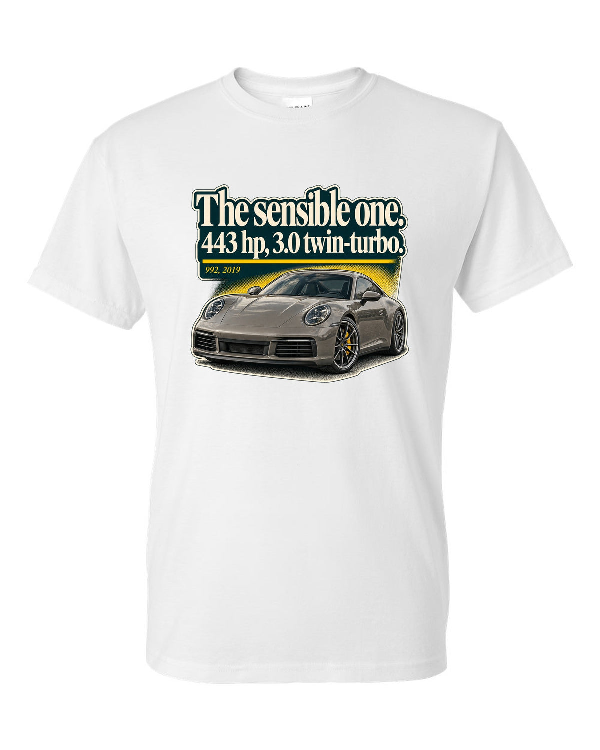 print of a Porsche 992 Carrera S coupe with an editorial headline layout white t-shirt front view with the design