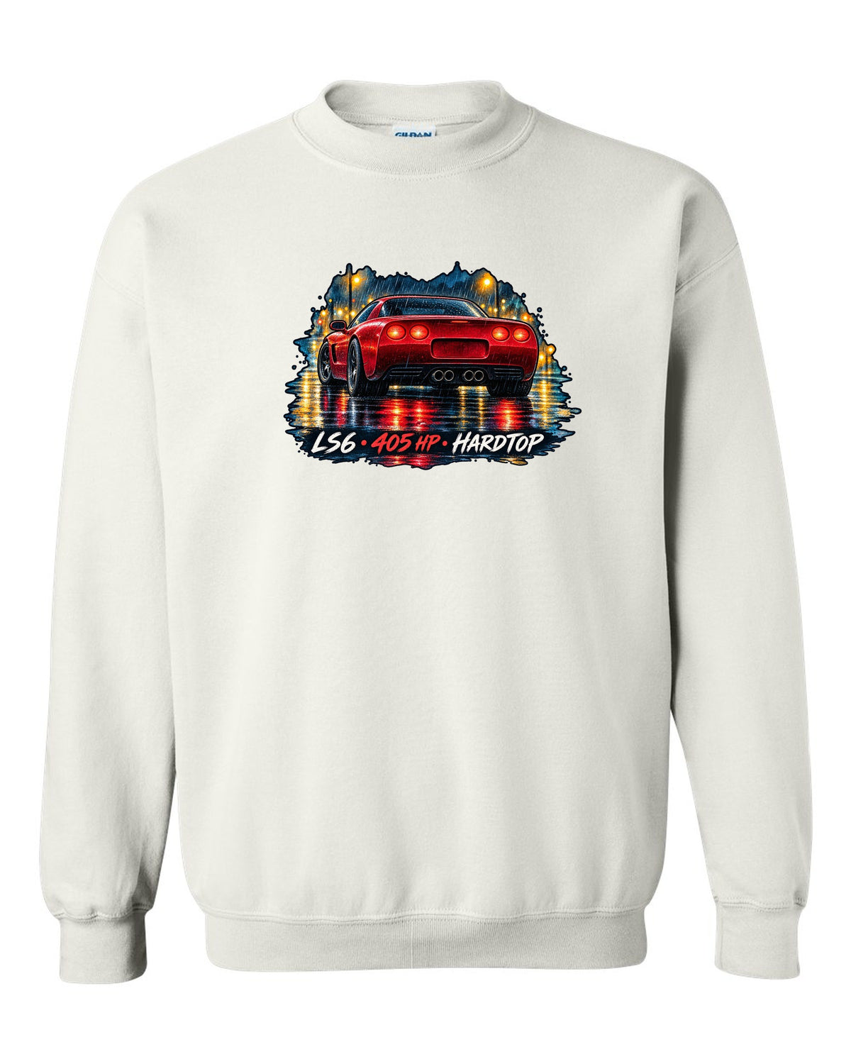 Watercolour wet-road night print of a 2002 Corvette C5 Z06 hardtop with LS6 405 HP lettering white crewneck front view with the design