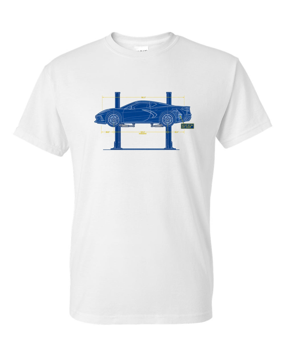 Retro manga halftone panel of a 2023 Chevrolet Corvette C8 Z06 with dry sump oil lettering white t-shirt front view with the design