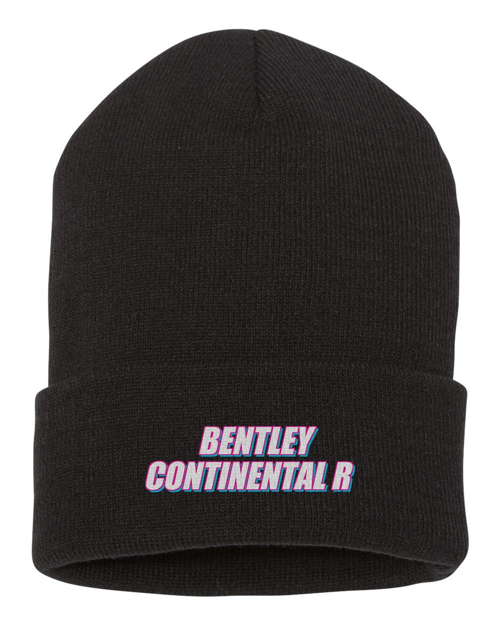 Bentley Continental R black beanie front view with car name