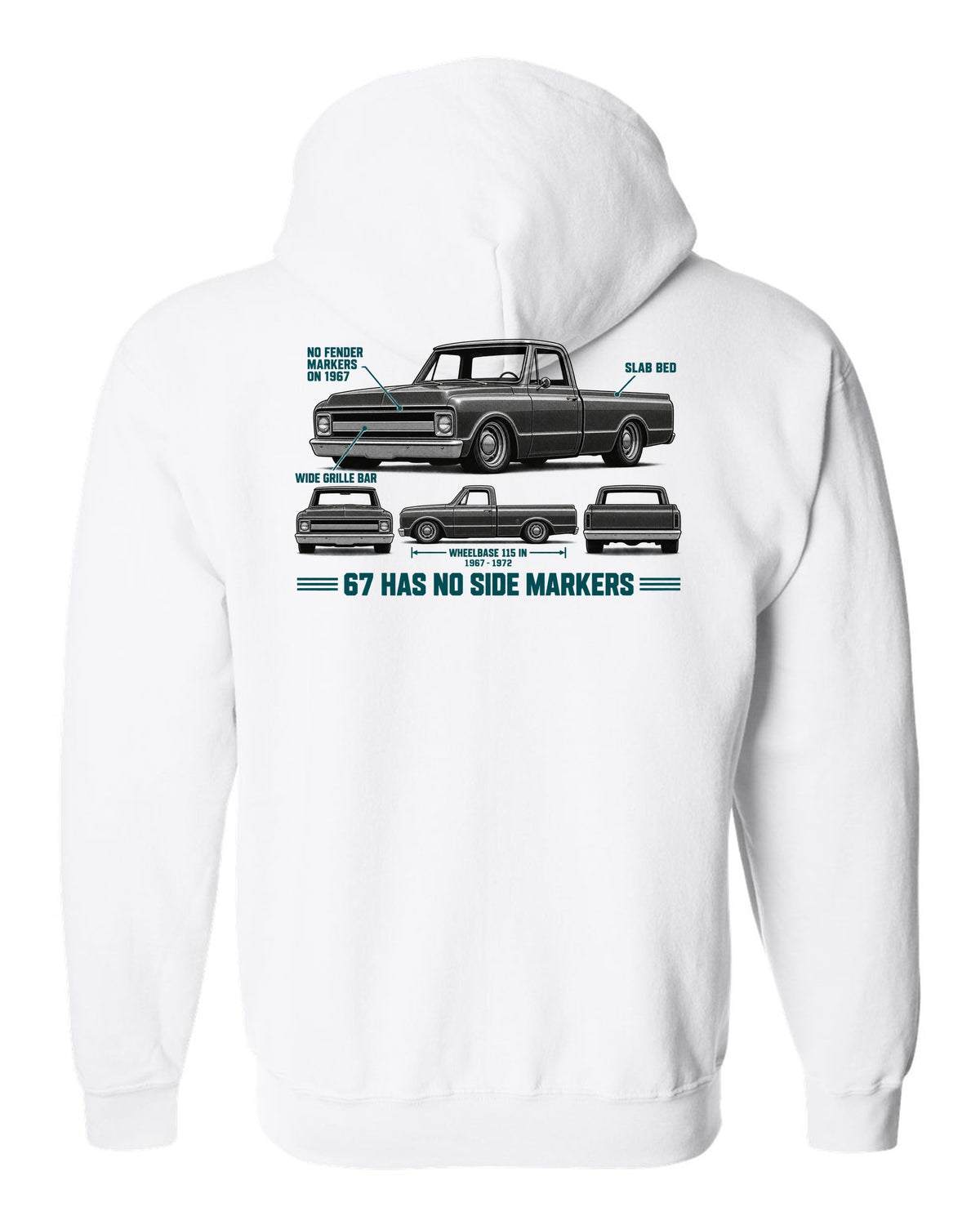 Chevrolet C10 Fleetside 1967-72 Spec Strip white zip hoodie back view with the design