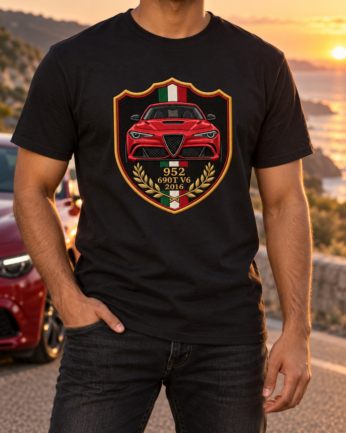 Alfa Romeo Giulia Quadrifoglio 952 Varsity Shield Crest Shirt T-Shirt Black worn hero