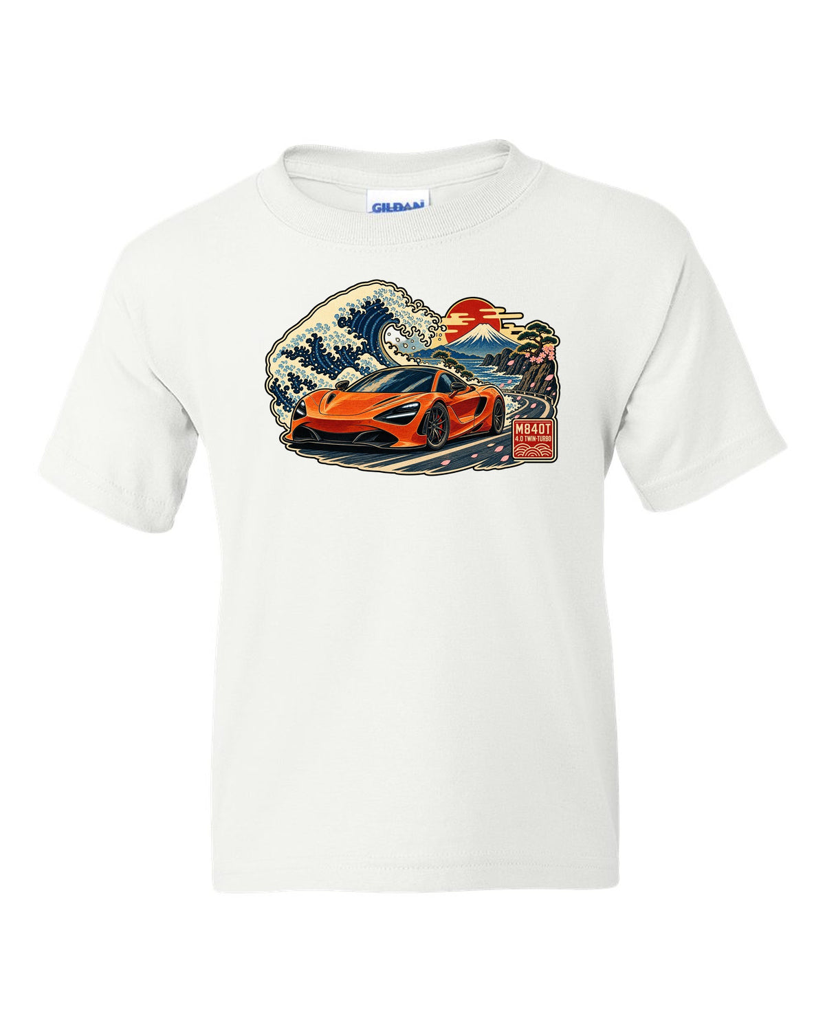 Ukiyo-e woodblock wave print of a McLaren 720S with M840T and 4.0 Twin-Turbo lettering white kids tee front view with the design