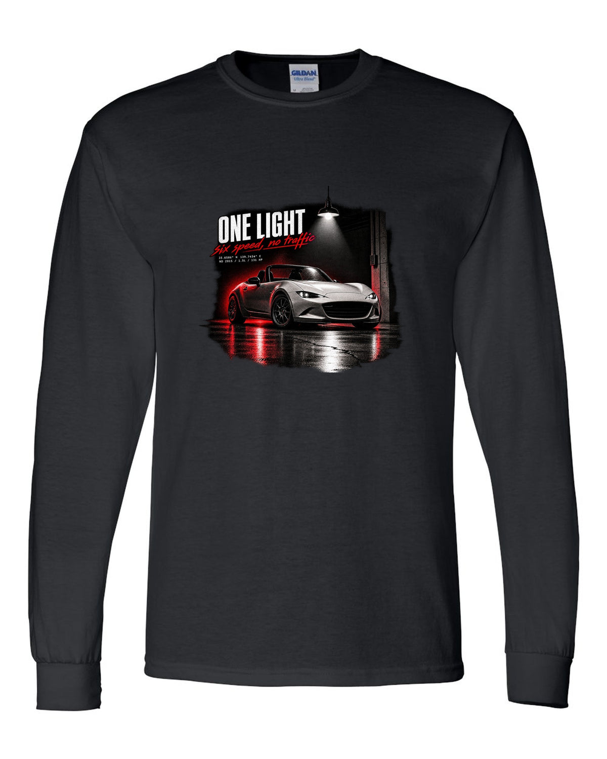 Garage night print for the 2015 Mazda MX-5 ND with 1.5L, 131 HP and six-speed lettering black long sleeve front view with the design