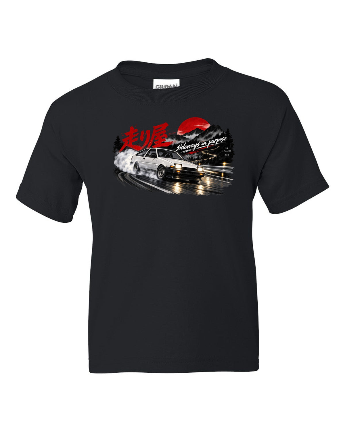 VW Golf Mk2 16V front three-quarter sliding at night with touge kanji black kids tee front view with the design