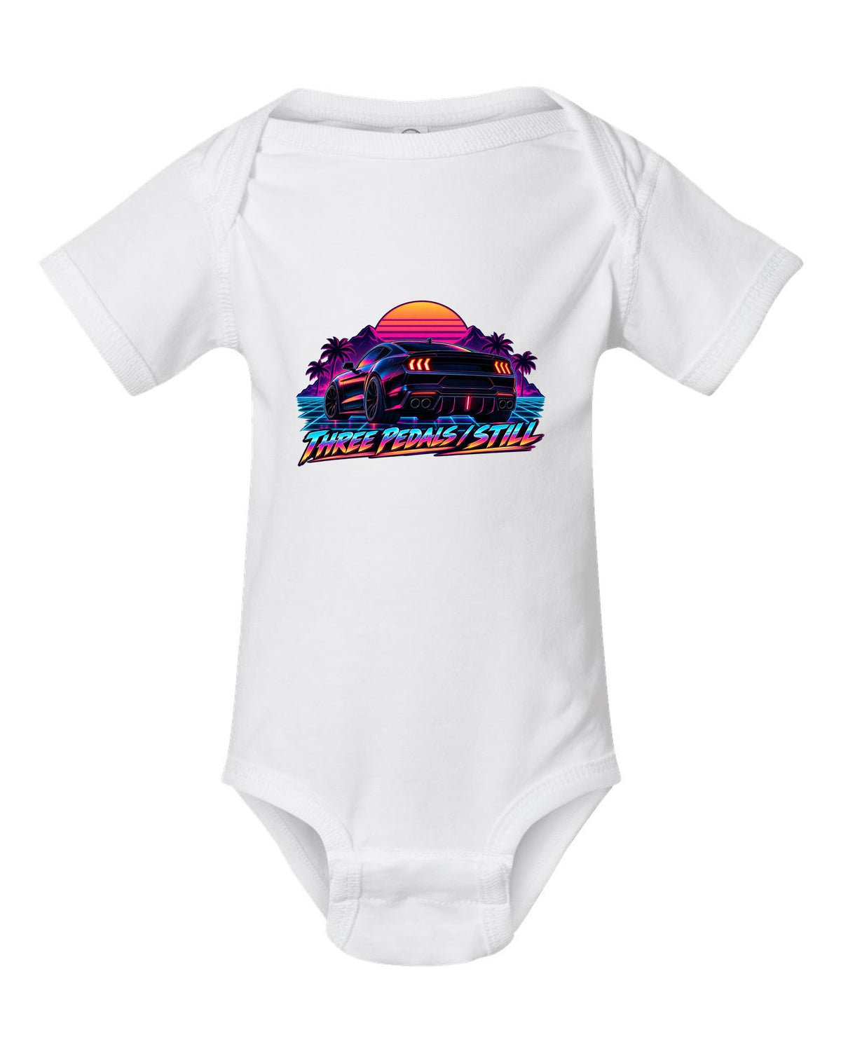 Synthwave outrun 2024 S650 Ford Mustang coupe with Three pedals still text white baby onesie front view with the design
