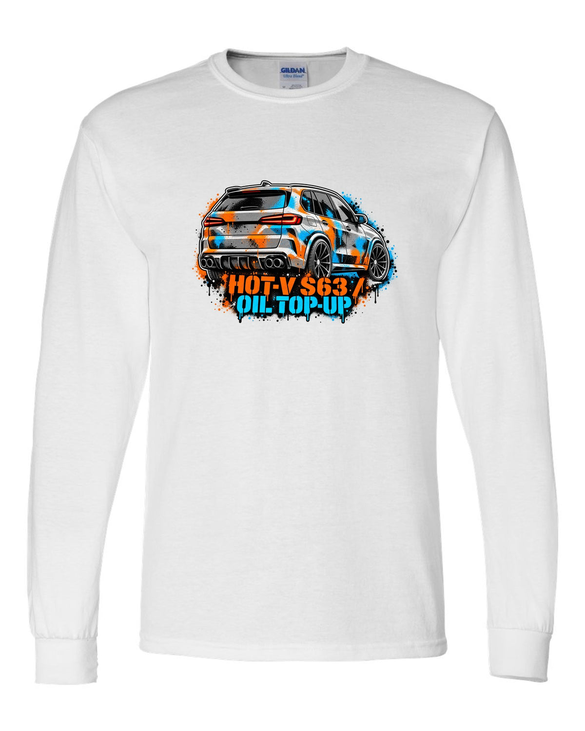Varsity crest print of a BMW i8 I12 with silent electric range lettering white long sleeve front view with the design