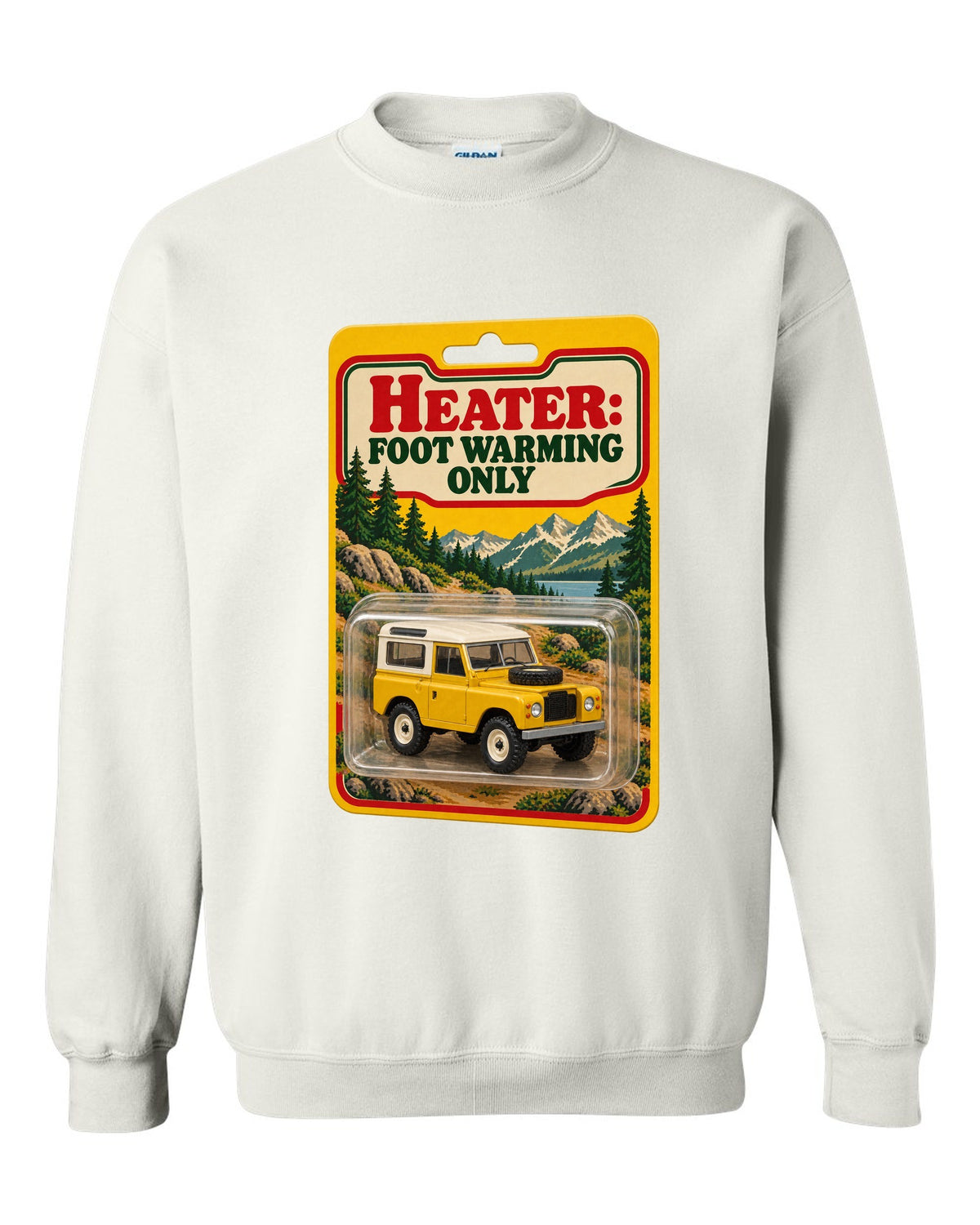 Toy blister card print with a Land Rover Defender 90 and the text Heater Foot Warming Only white crewneck front view with the design