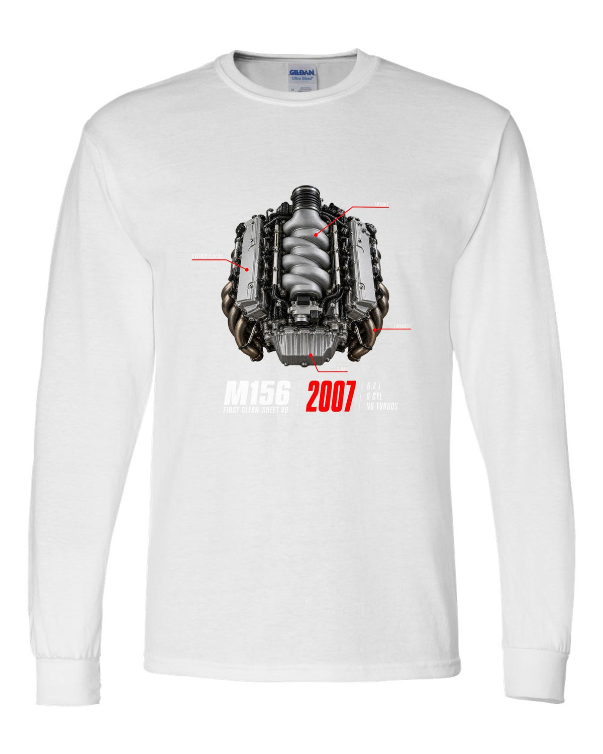 Mercedes C63 AMG W204 M156 V8 engine hero print with first clean-sheet V8 text white long sleeve front view with the design
