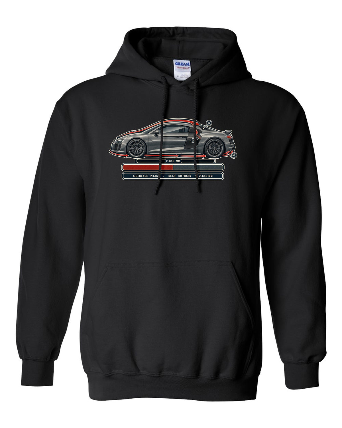 Audi R8 V10 plus Type 4S airflow cutaway with sideblade and diffuser callouts black pull over hoodie front view with the design