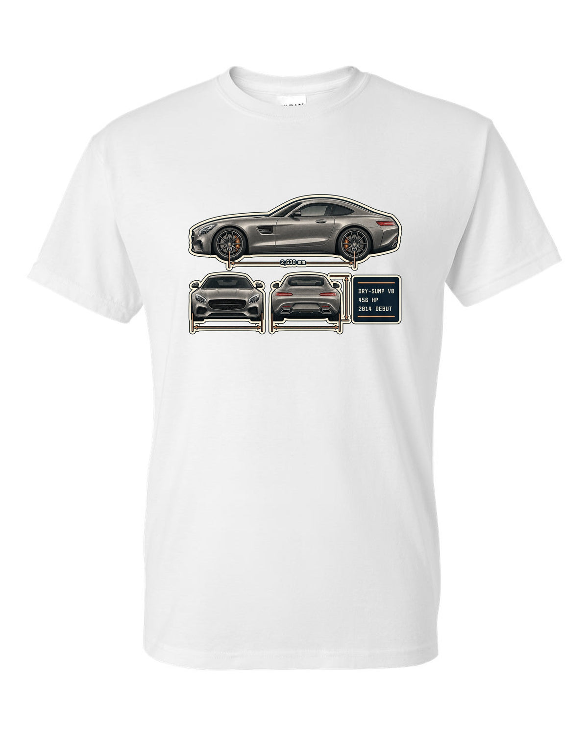 Mercedes-AMG GT C190 three-view and spec table print white t-shirt front view with the design