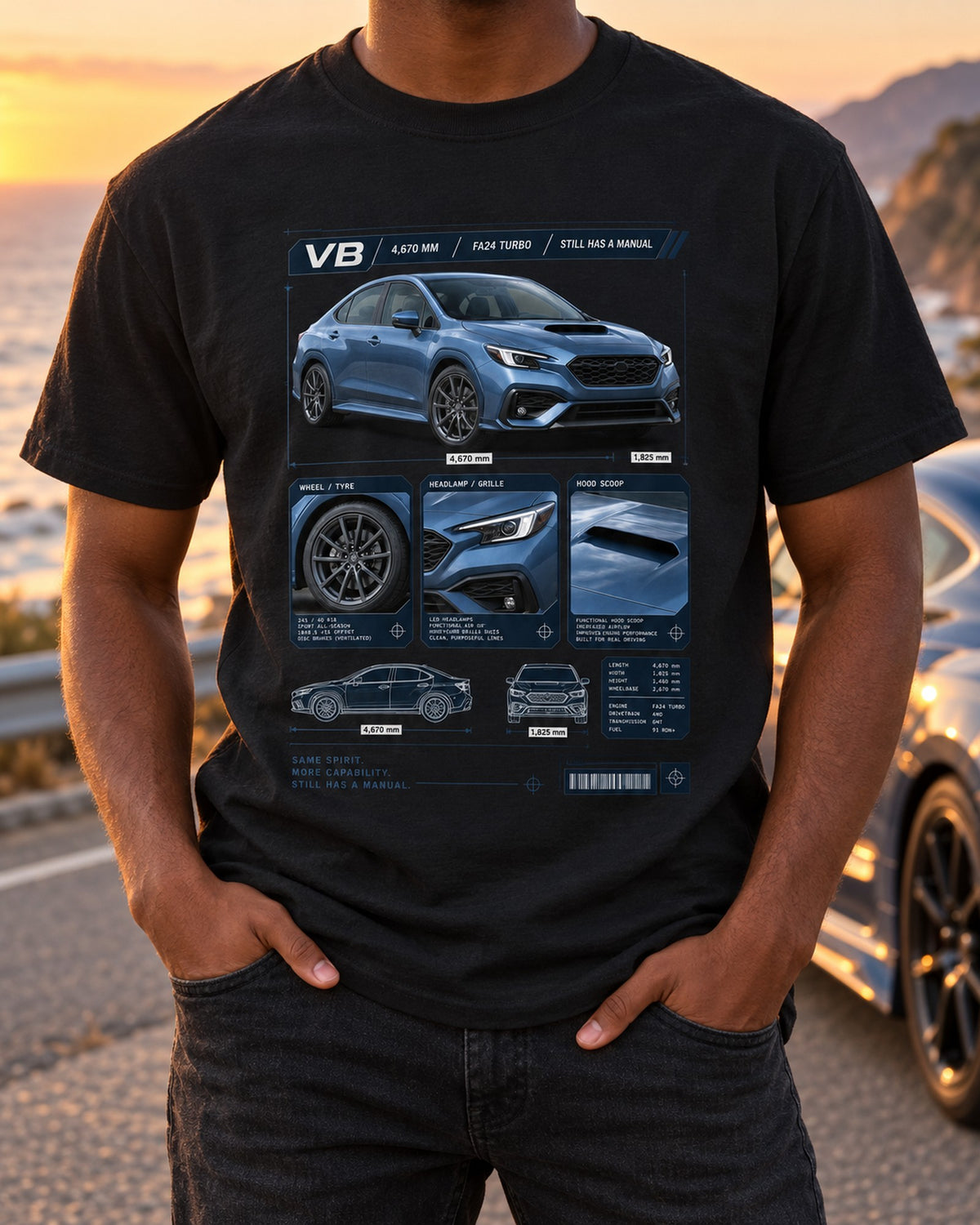 Subaru WRX VB Dossier Panel Shirt, FA24 Turbo Car Guy Tee T-Shirt Black worn hero