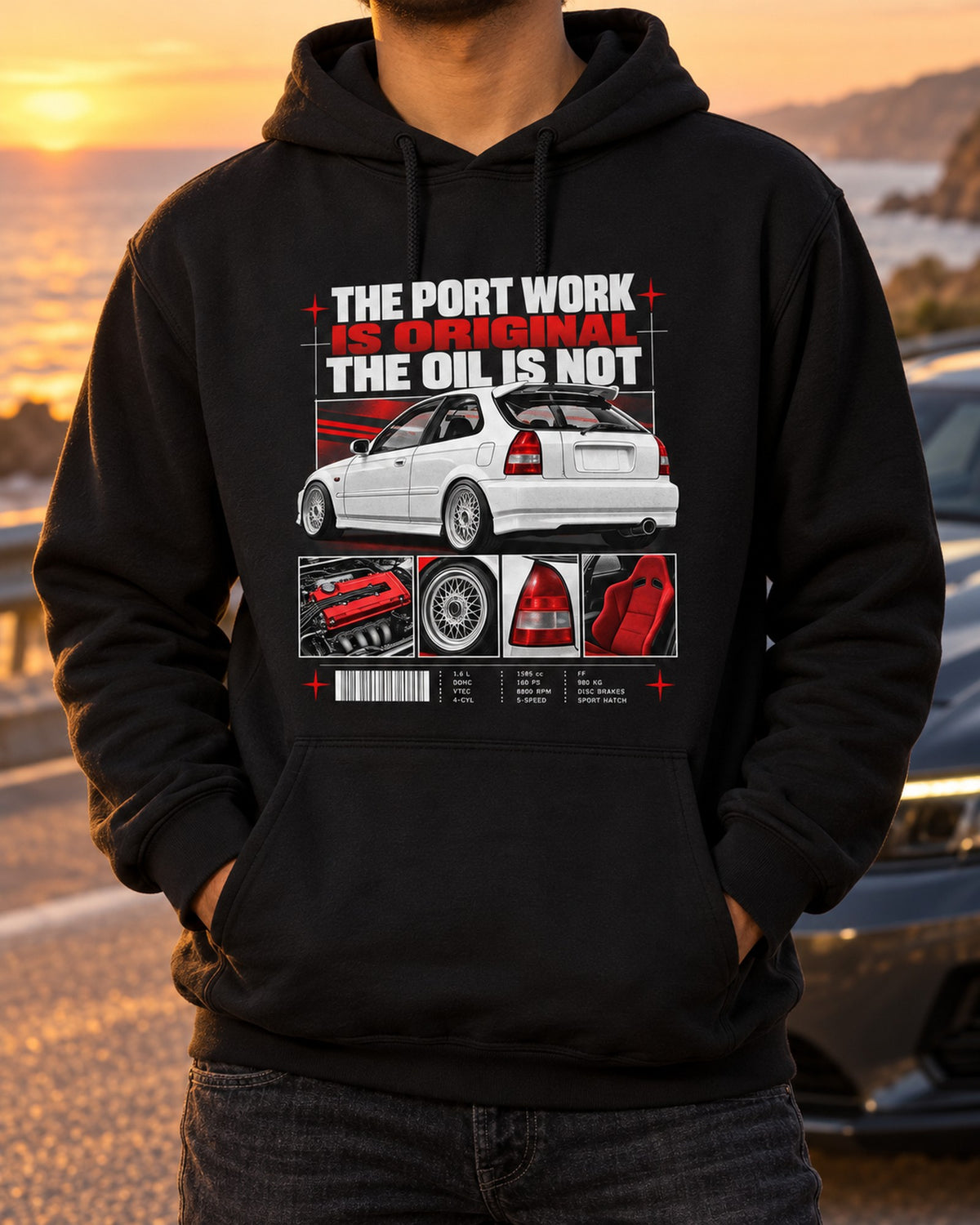 Honda Civic EK9 Spec Sheet Dossier Shirt, Port Work Is Original Pull Over Hoodie Black worn hero