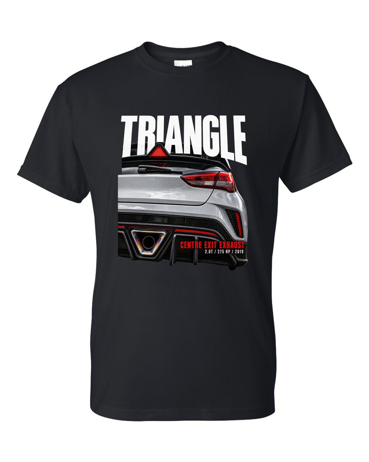 Rear macro of Hyundai Veloster N JS showing triangle and centre exit exhaust black t-shirt front view with the design