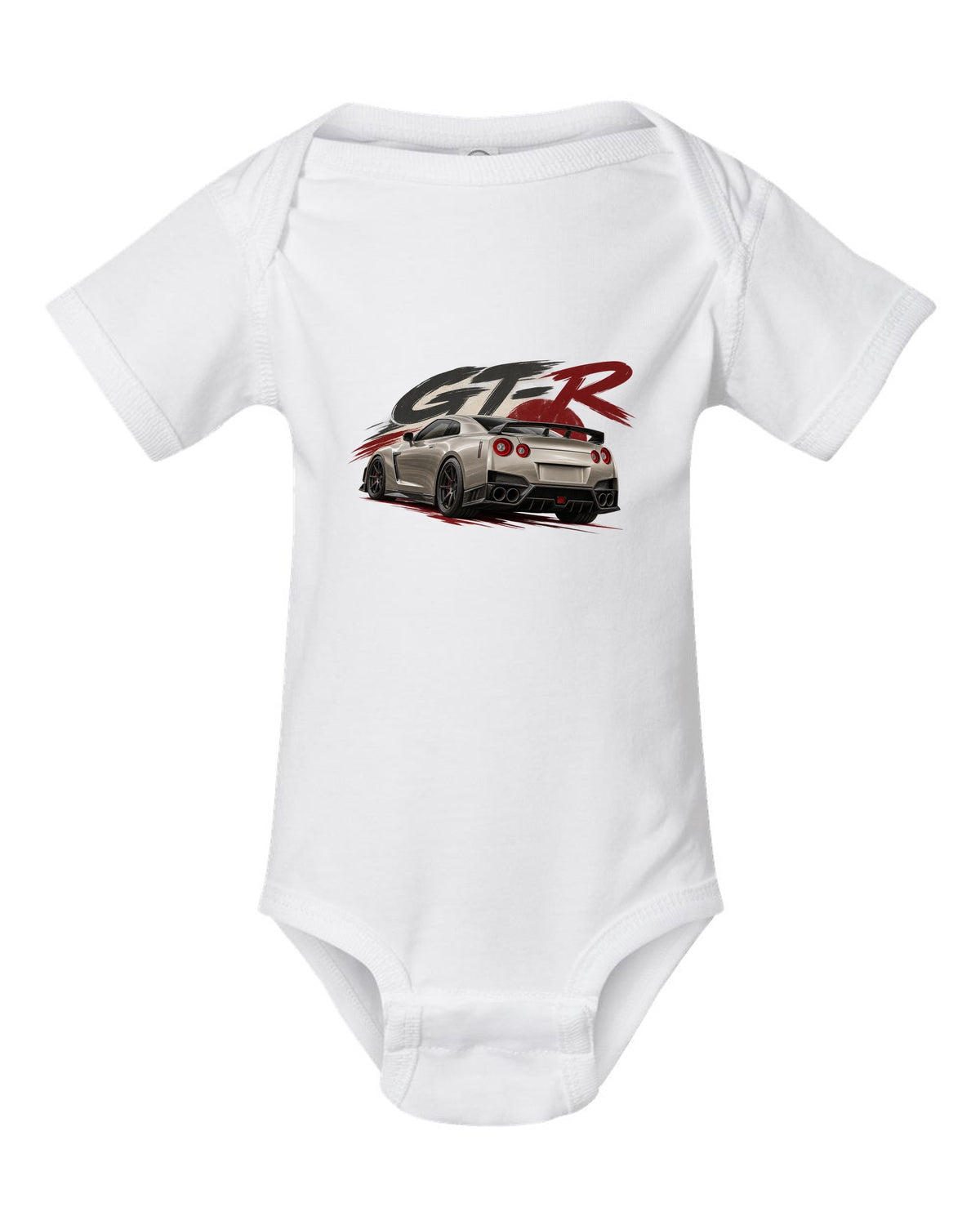 Nissan GT-R R35 VR38DETT engine drawn as a poster-style hero white baby onesie front view with the design