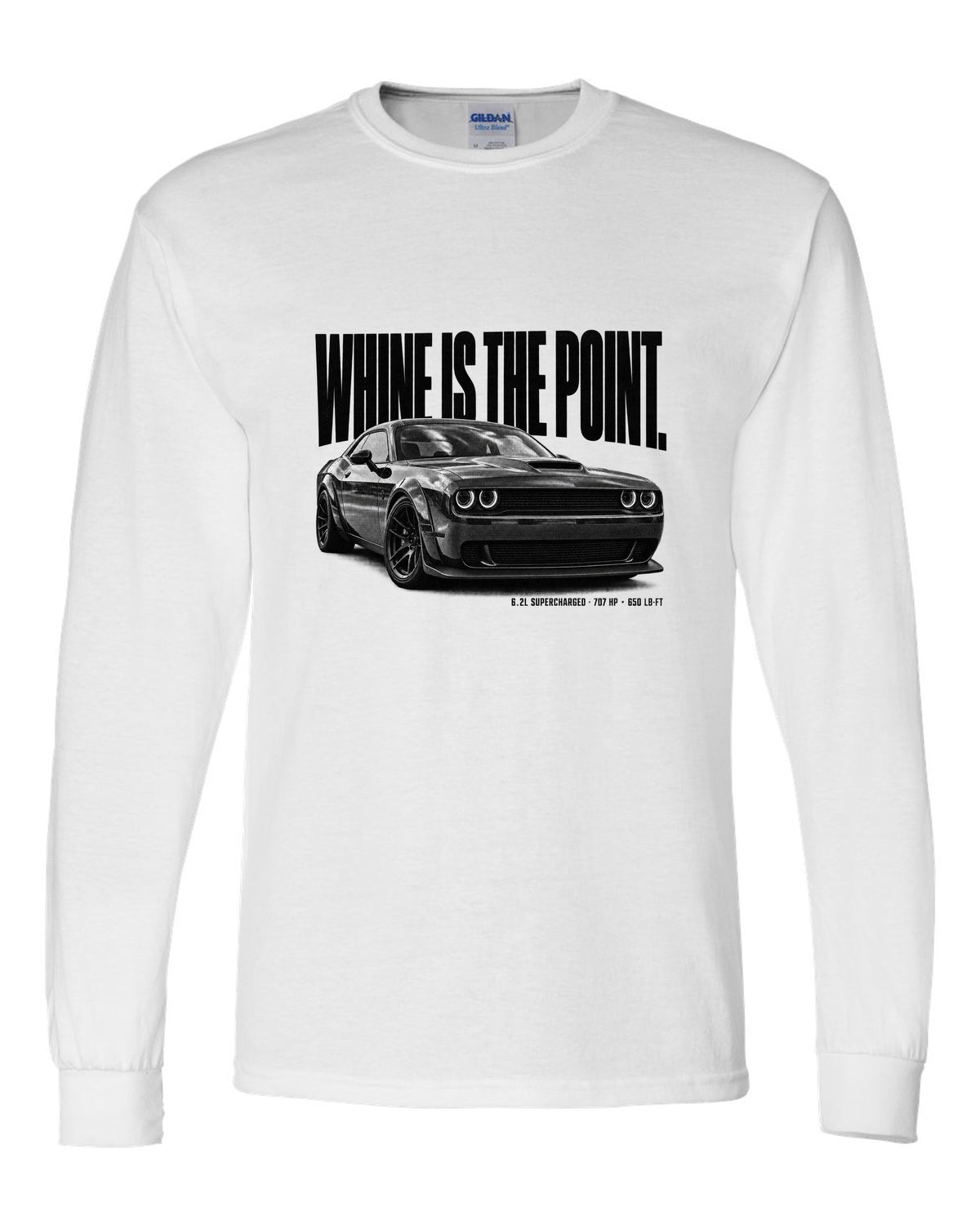 Halftone statement print of a 2018 Dodge Challenger Hellcat with whine is the point text white long sleeve front view with the design