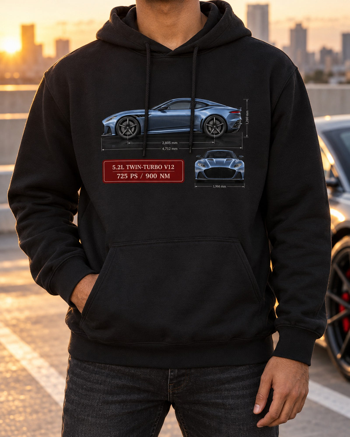 DBS Superleggera Spec Sheet Shirt, Aston Martin 5.2 Twin-Turbo V12 Pull Over Hoodie Black worn hero