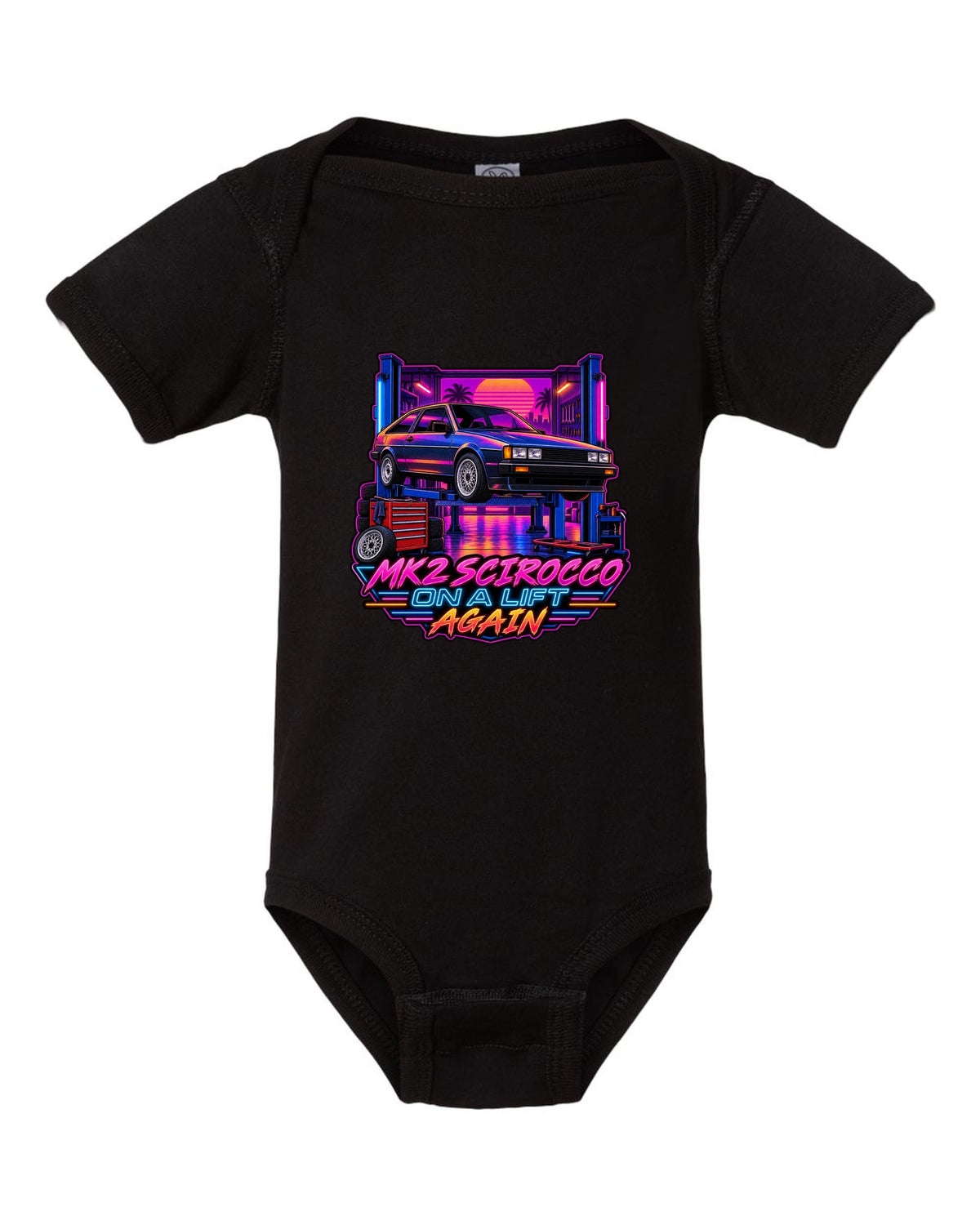 Synthwave outrun style VW Scirocco Mk2 with Mk2 Scirocco on a lift again text black baby onesie front view with the design